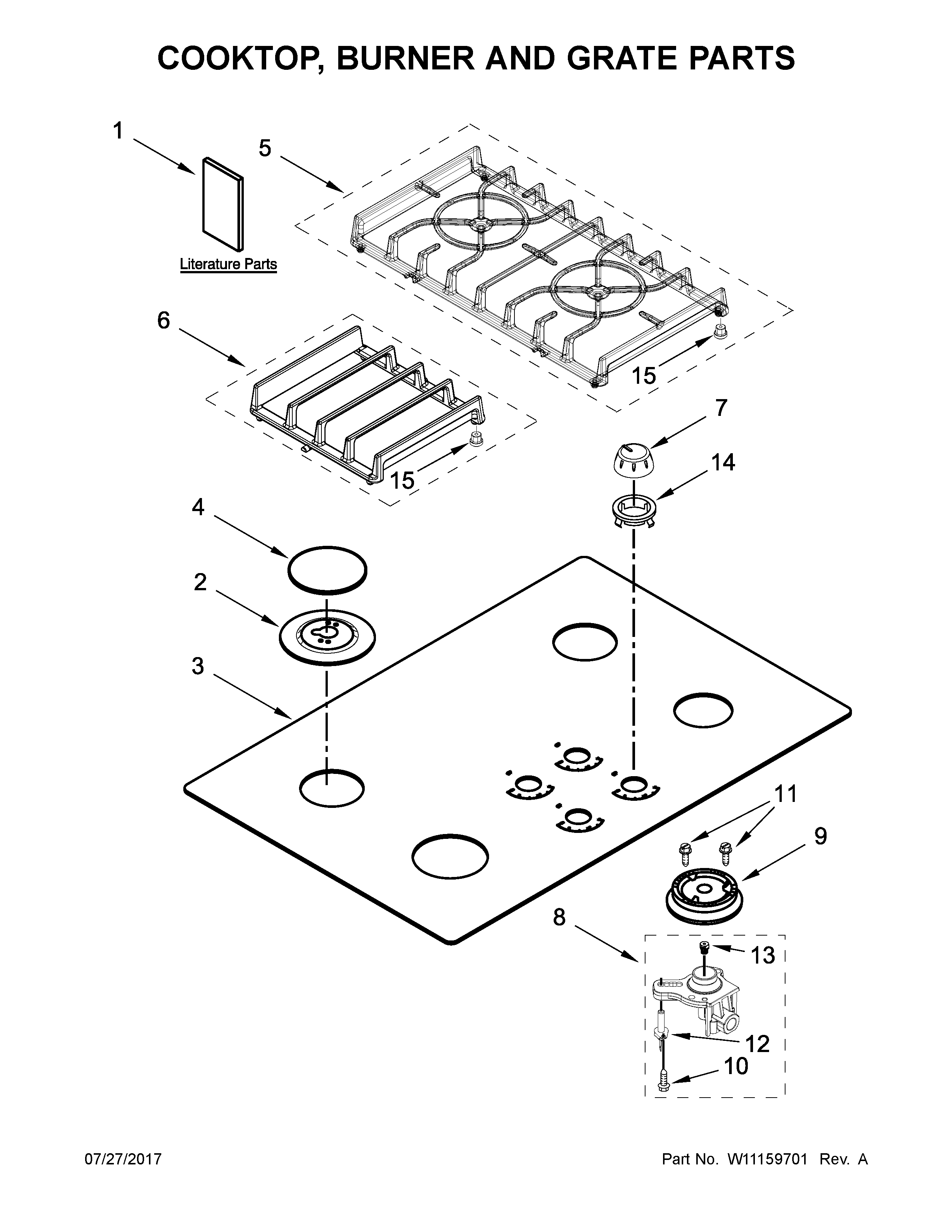 KitchenAid KGCC506RBL07 cooktop, burner and grate parts diagram