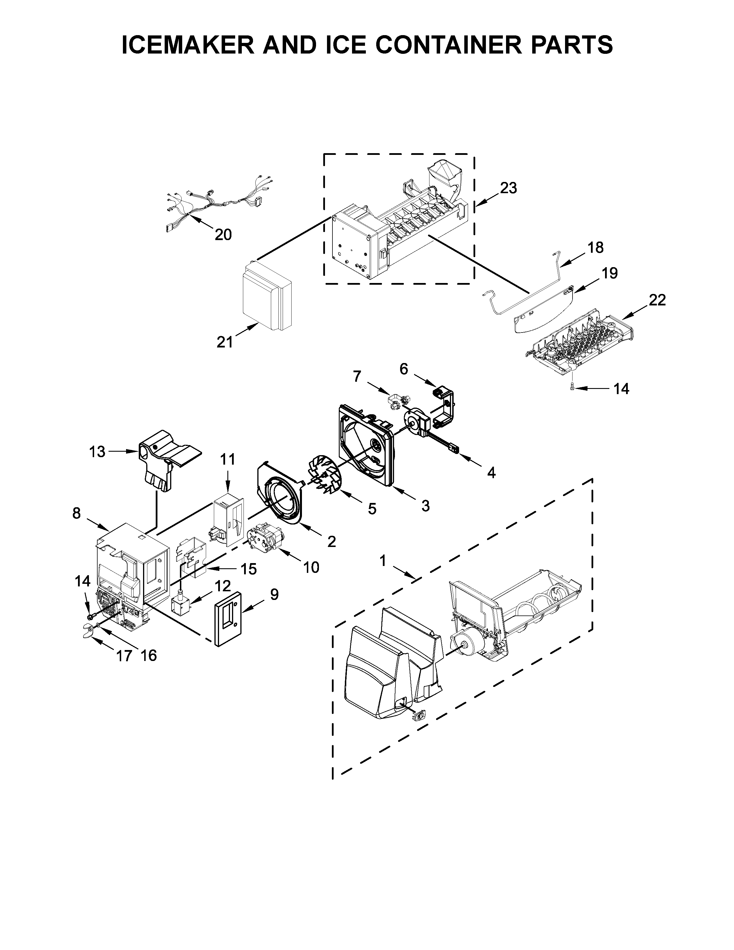 Maytag MFI2570FEB01 icemaker and ice container parts diagram