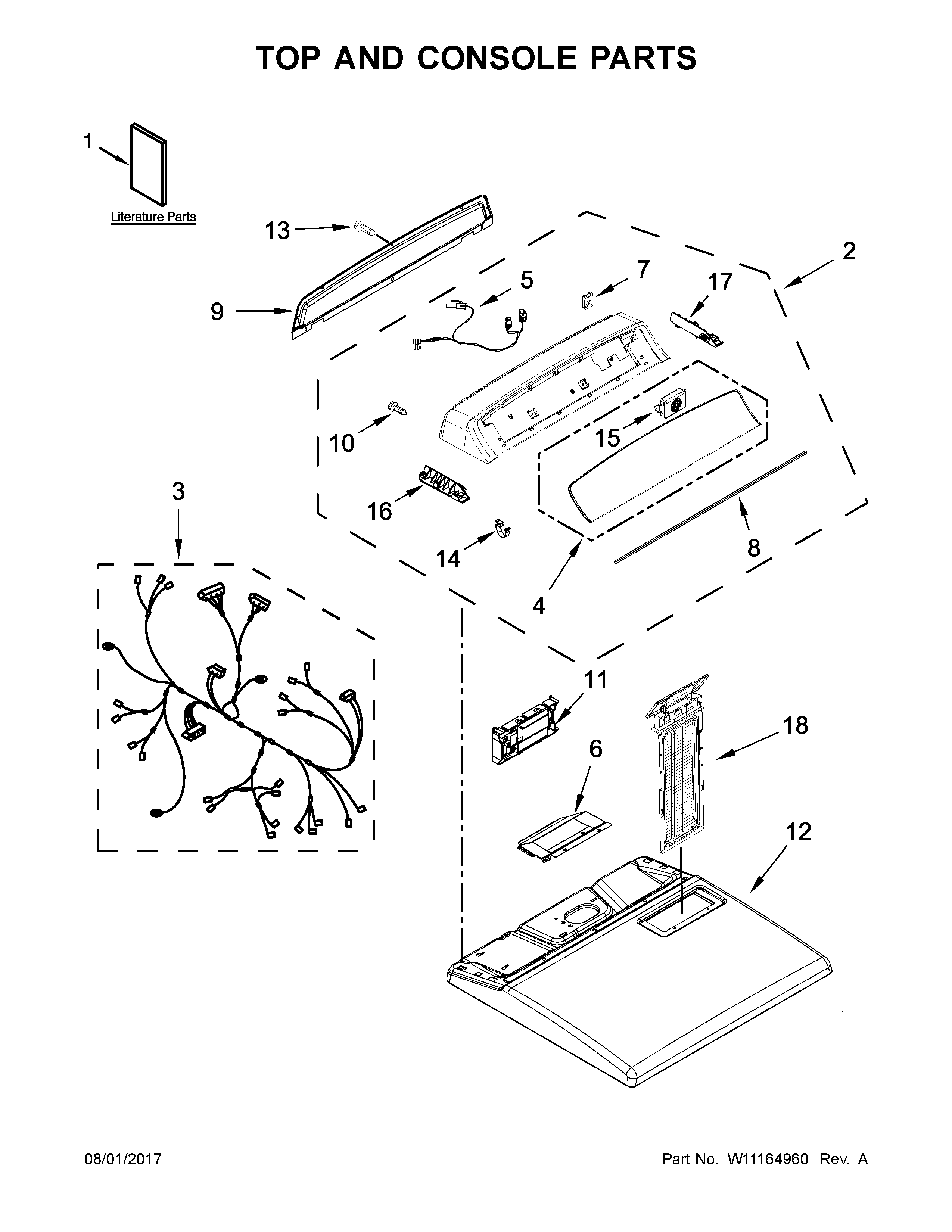 Whirlpool WED7000DW2 top and console parts diagram