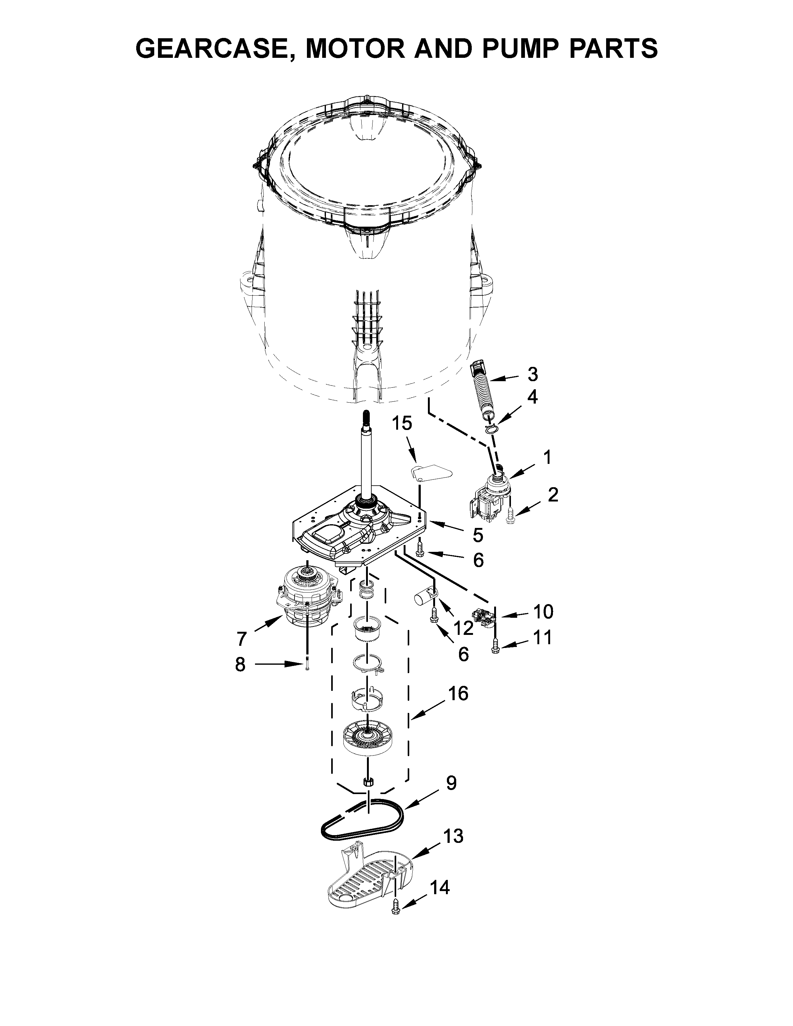 Maytag MVWC565FW1 gearcase, motor and pump parts diagram