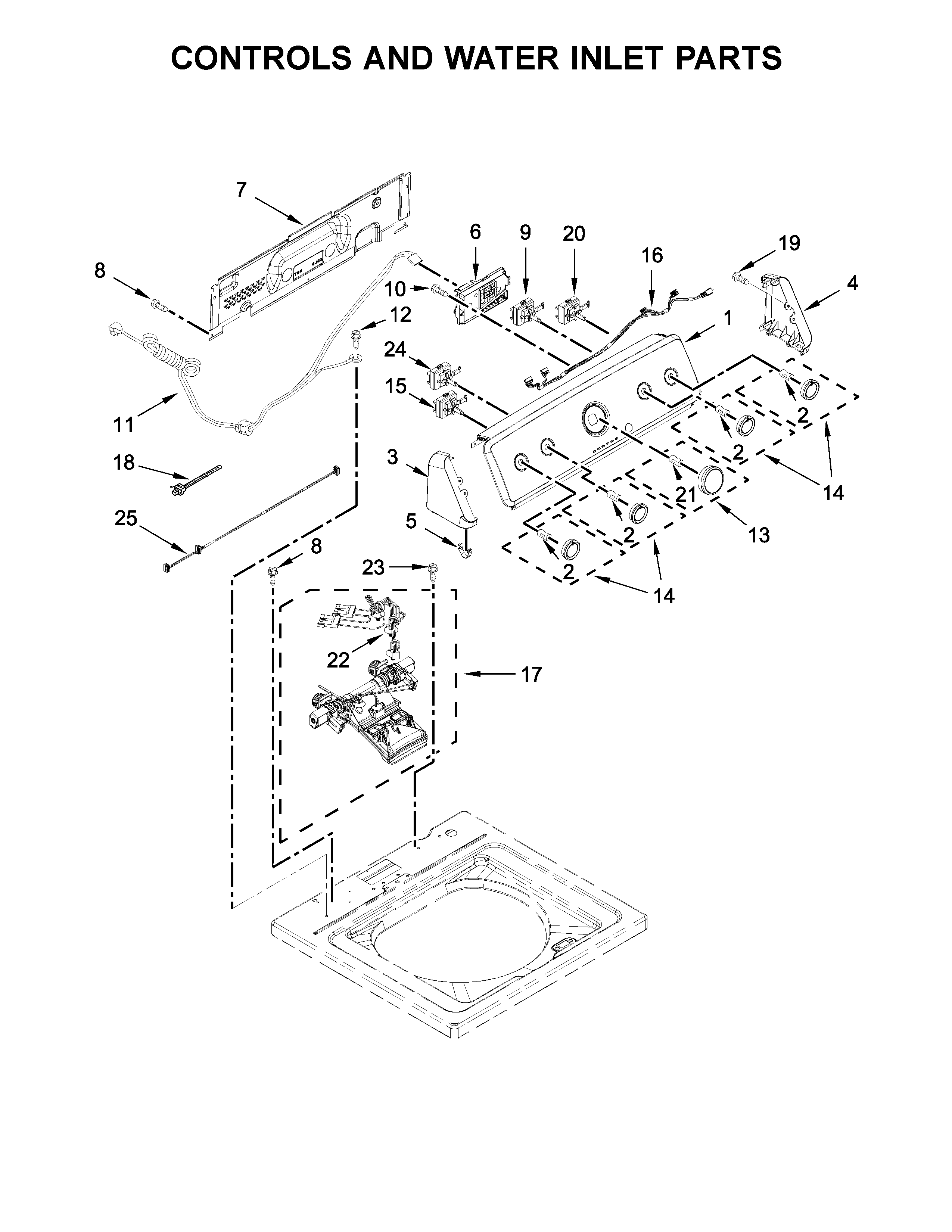 Maytag MVWC416FW1 controls and water inlet parts diagram