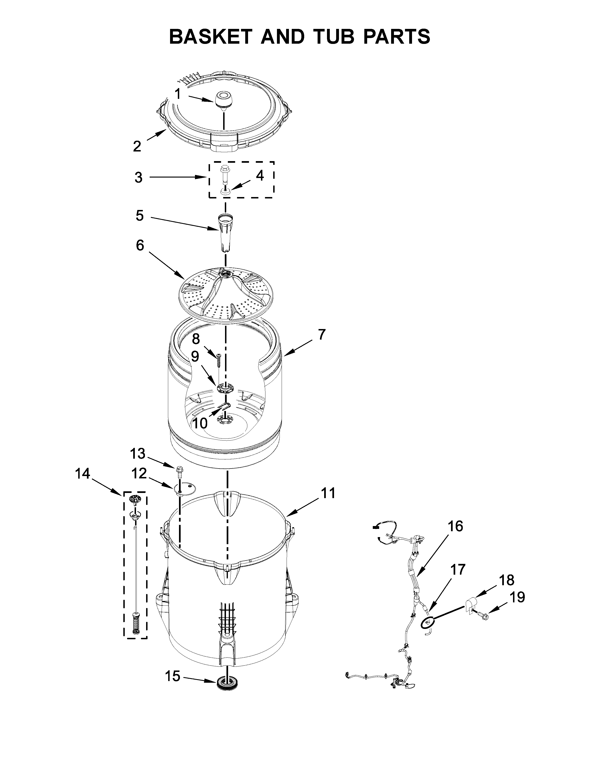 Maytag MVWC416FW1 basket and tub parts diagram