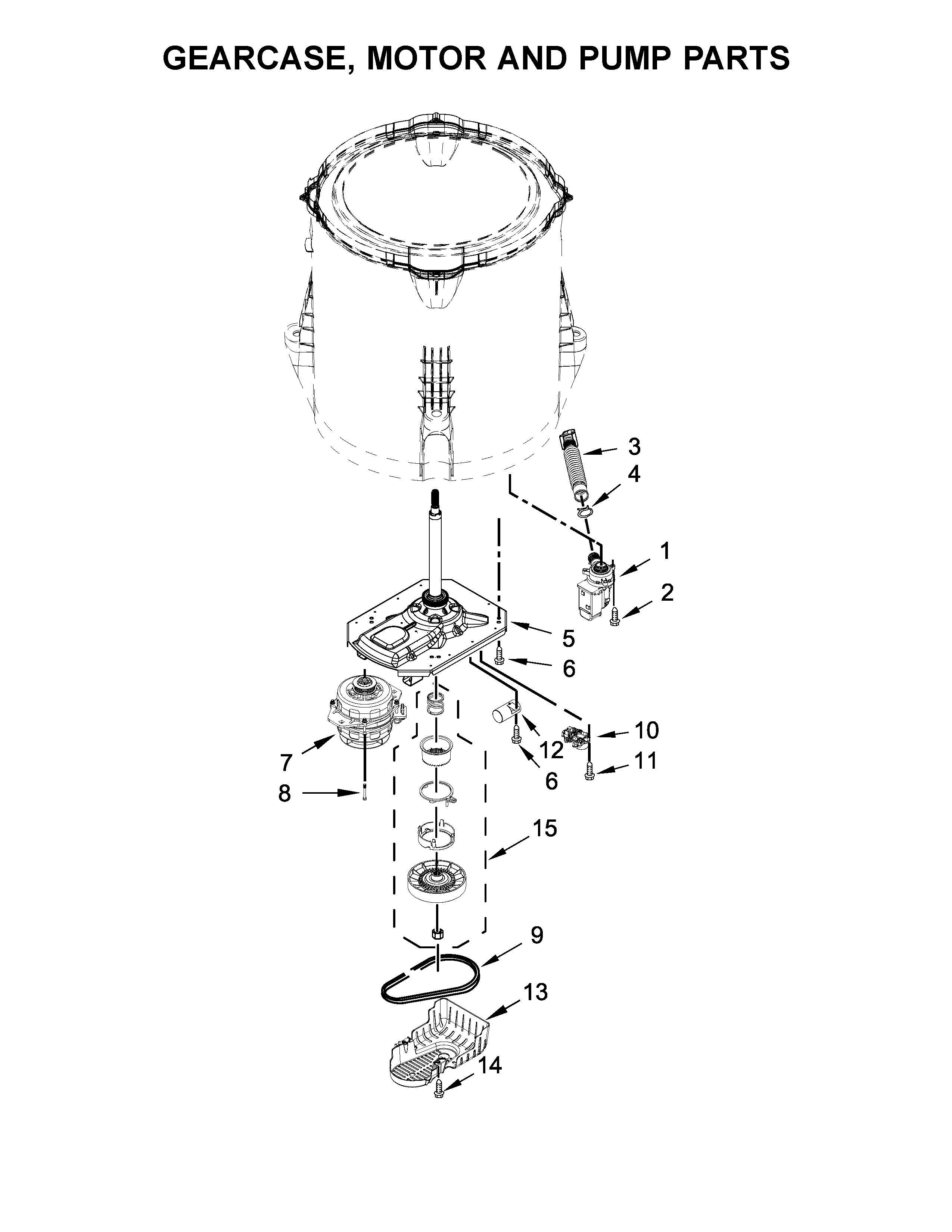 Maytag MVWC416FW1 gearcase, motor and pump parts diagram