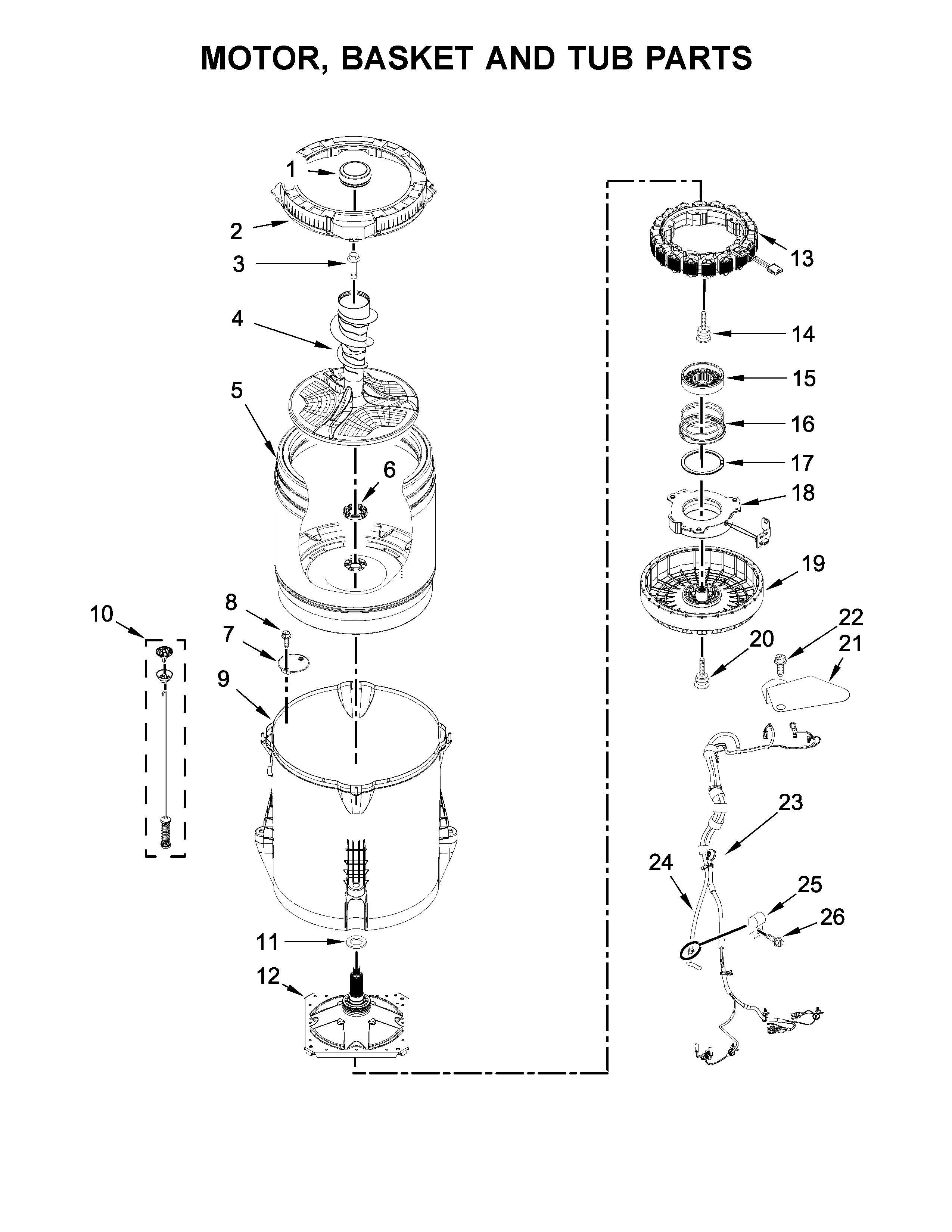 Maytag MVWB865GC0 motor, basket and tub parts diagram