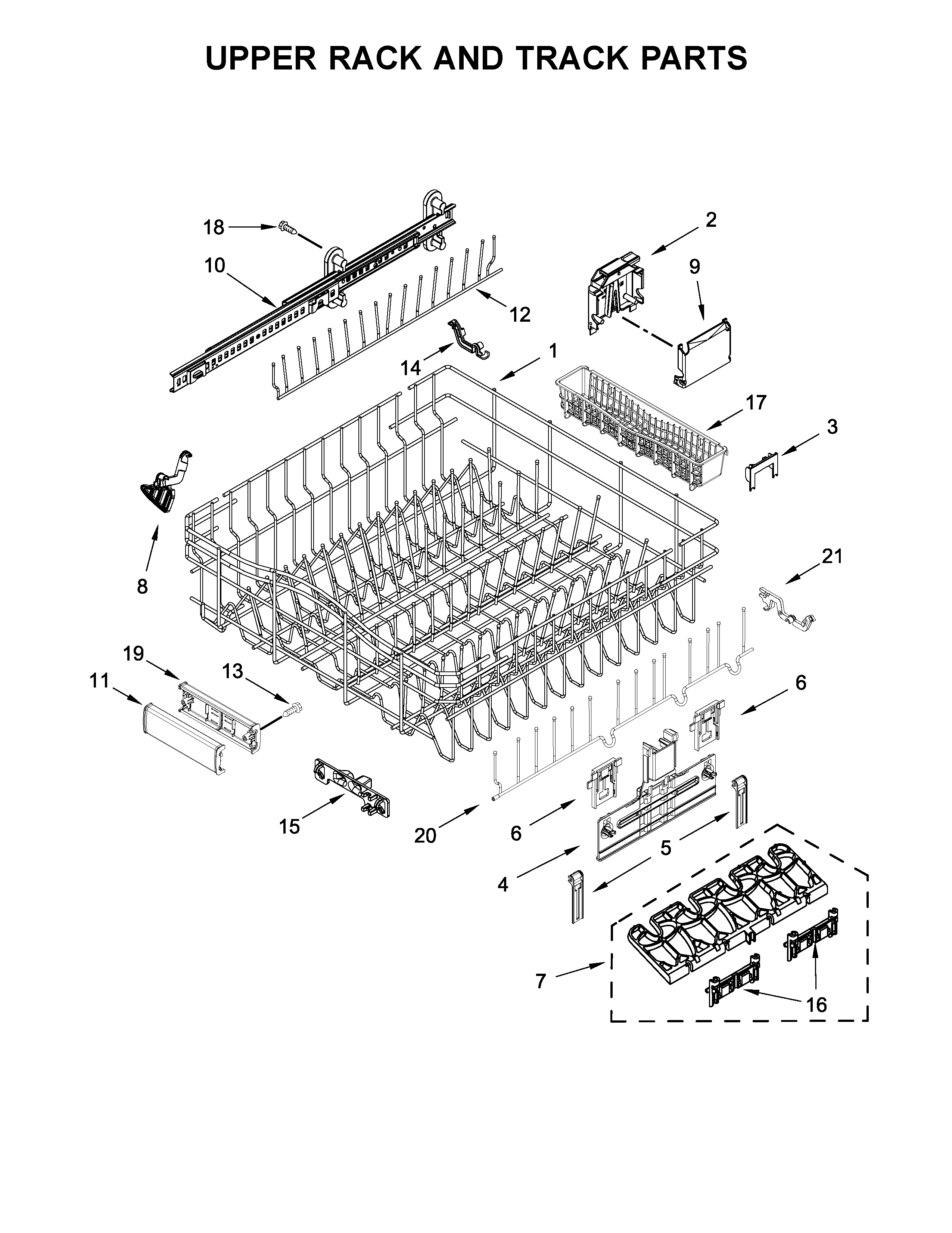 KitchenAid KDTE334GBS0 upper rack and track parts diagram
