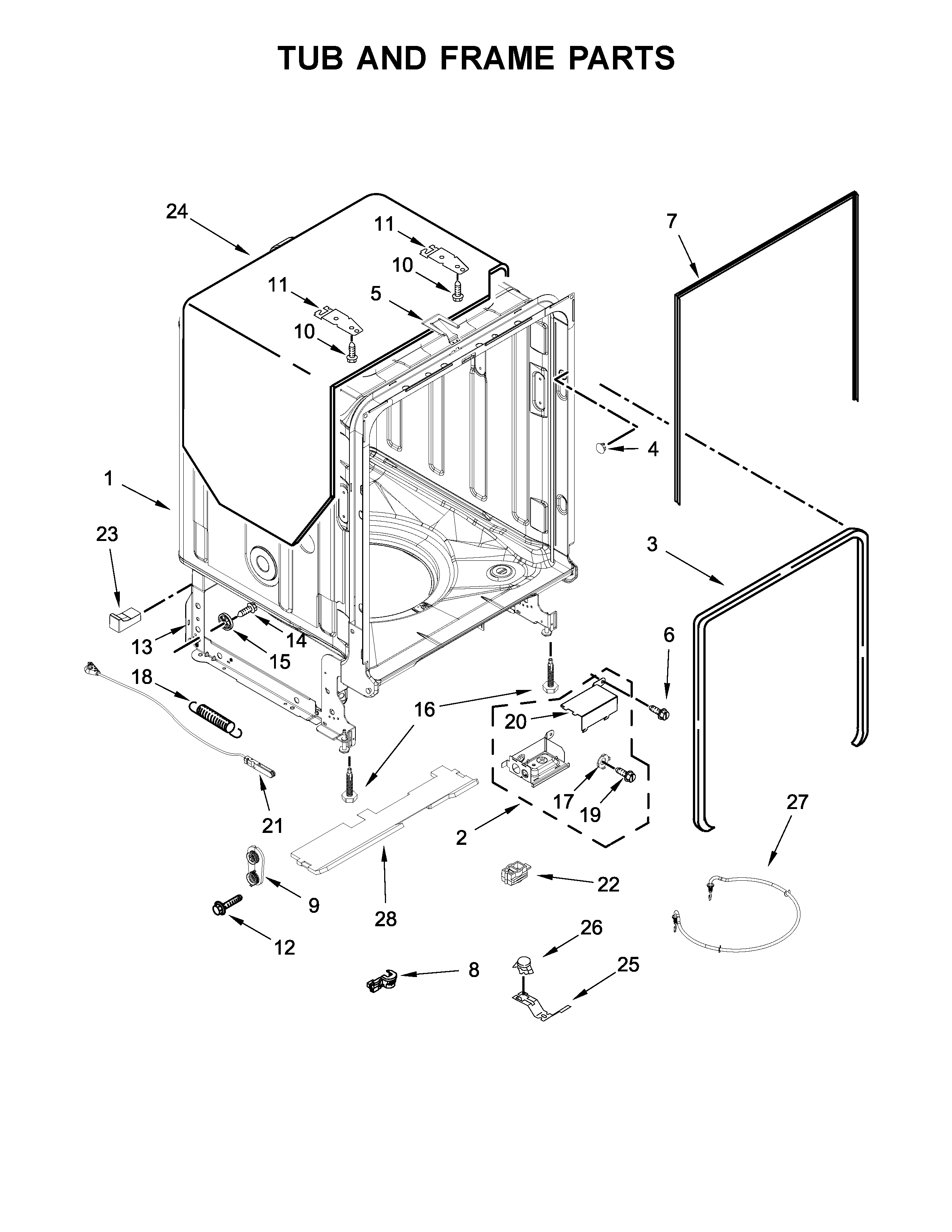 KitchenAid KDTE234GBS0 tub and frame parts diagram