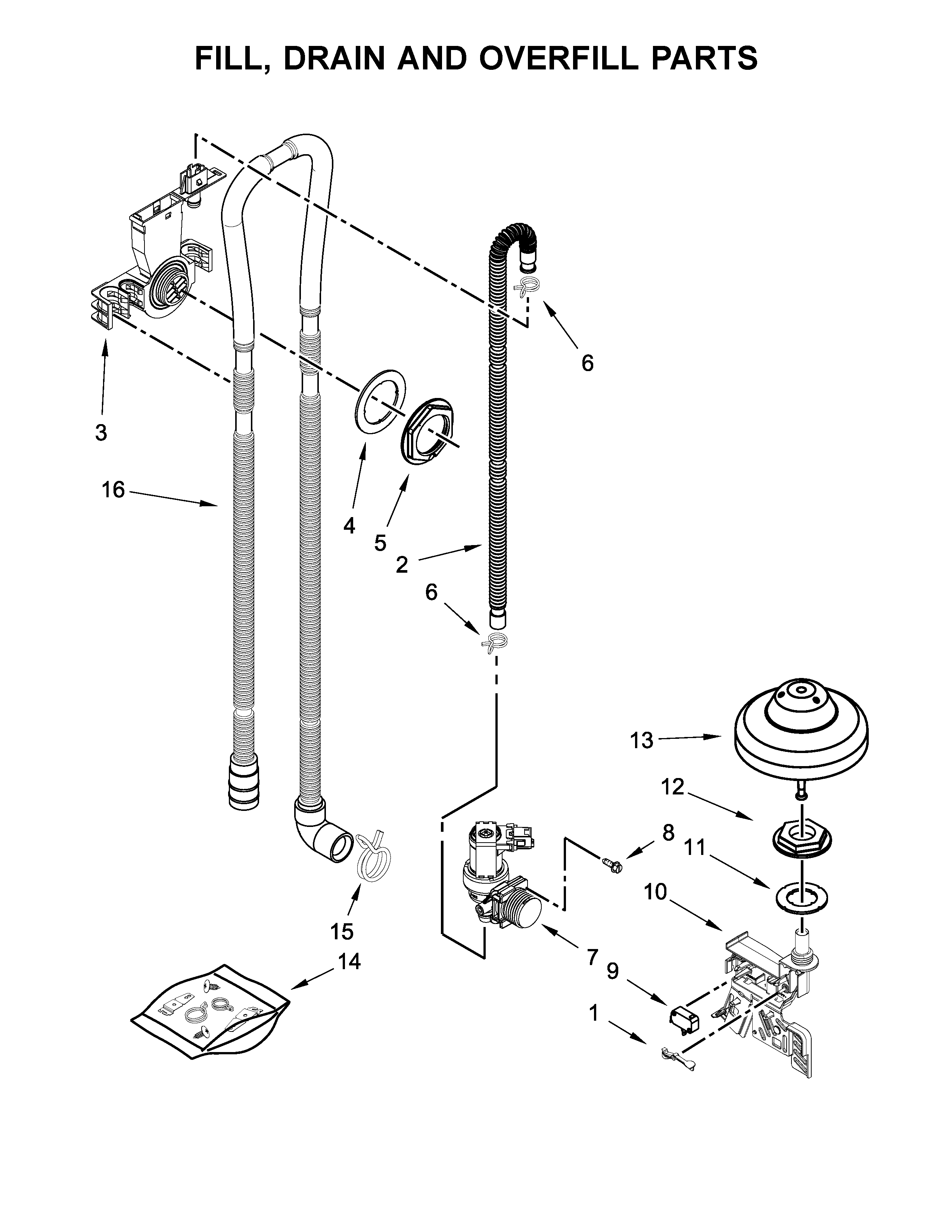 KitchenAid KDTE204GPS0 fill, drain and overfill parts diagram