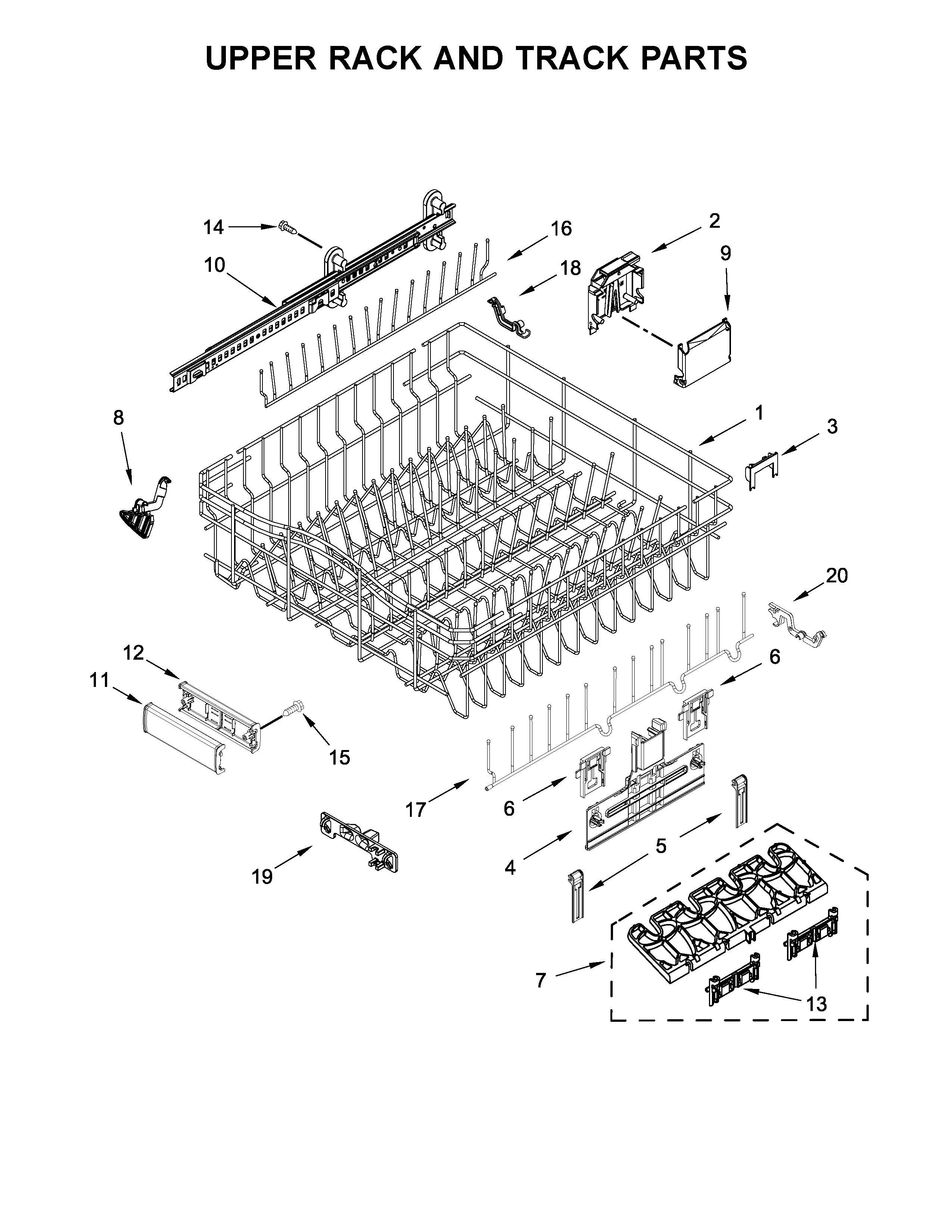 KitchenAid KDTE204GPS0 upper rack and track parts diagram