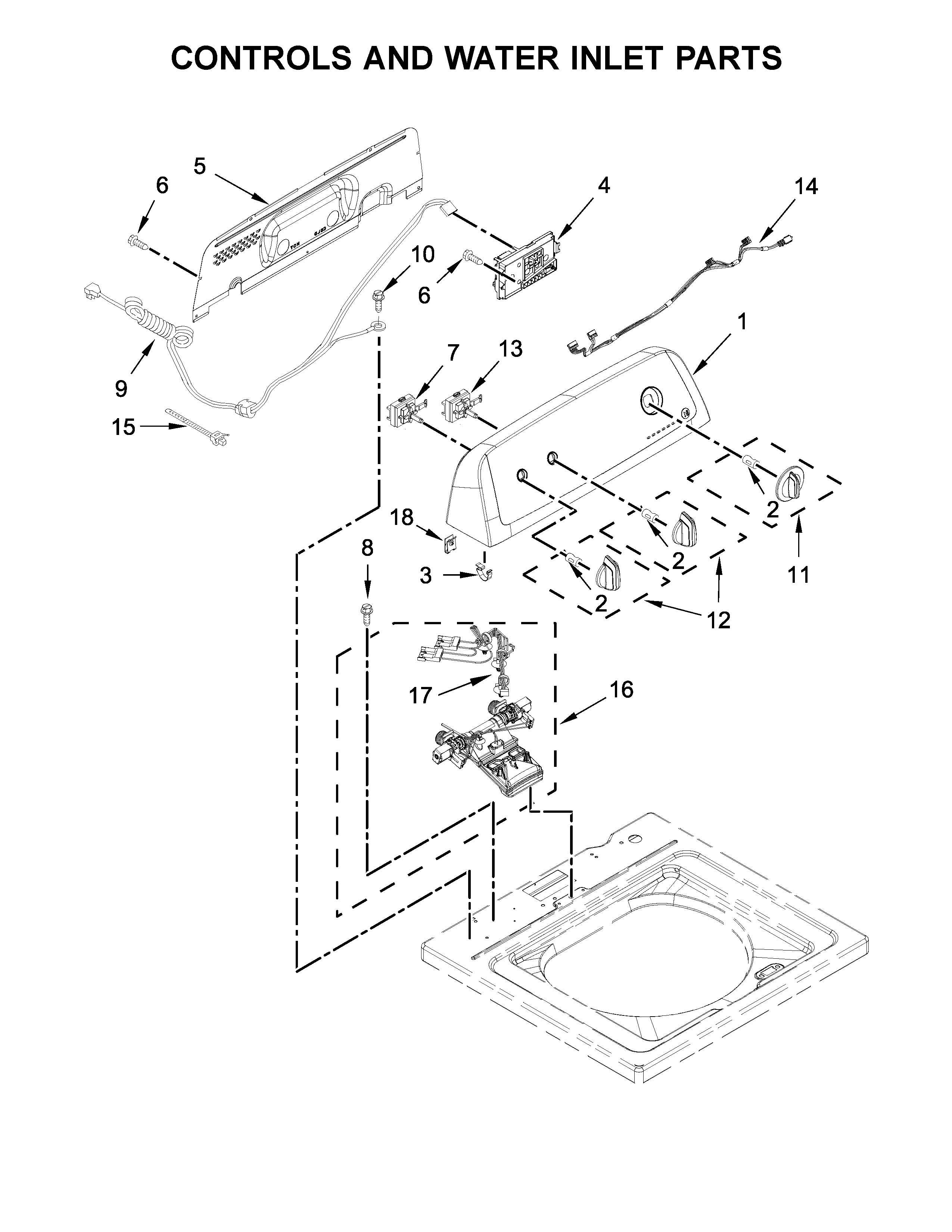 Roper RTW4516FW2 controls and water inlet parts diagram