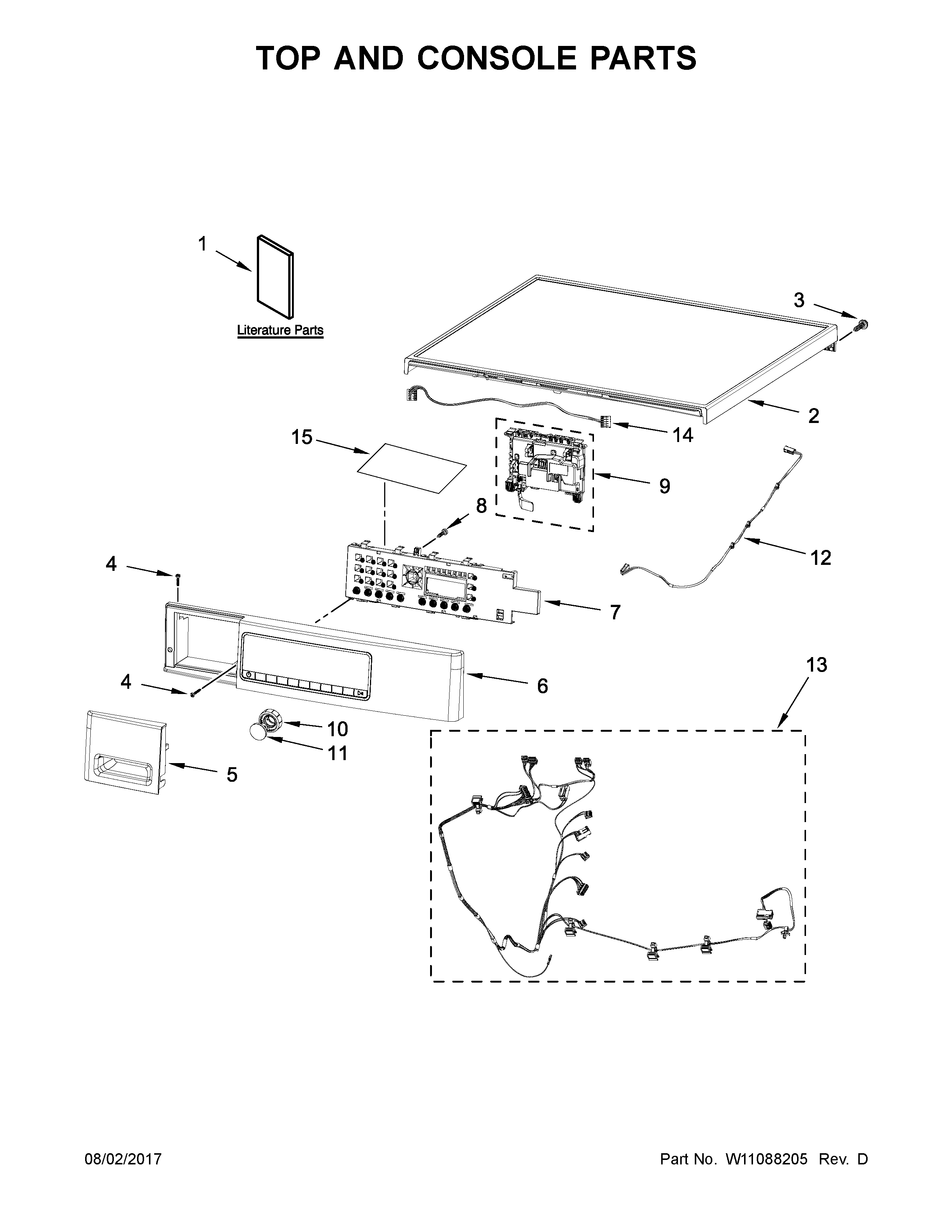 Whirlpool WHD5090GW0 top and console parts diagram