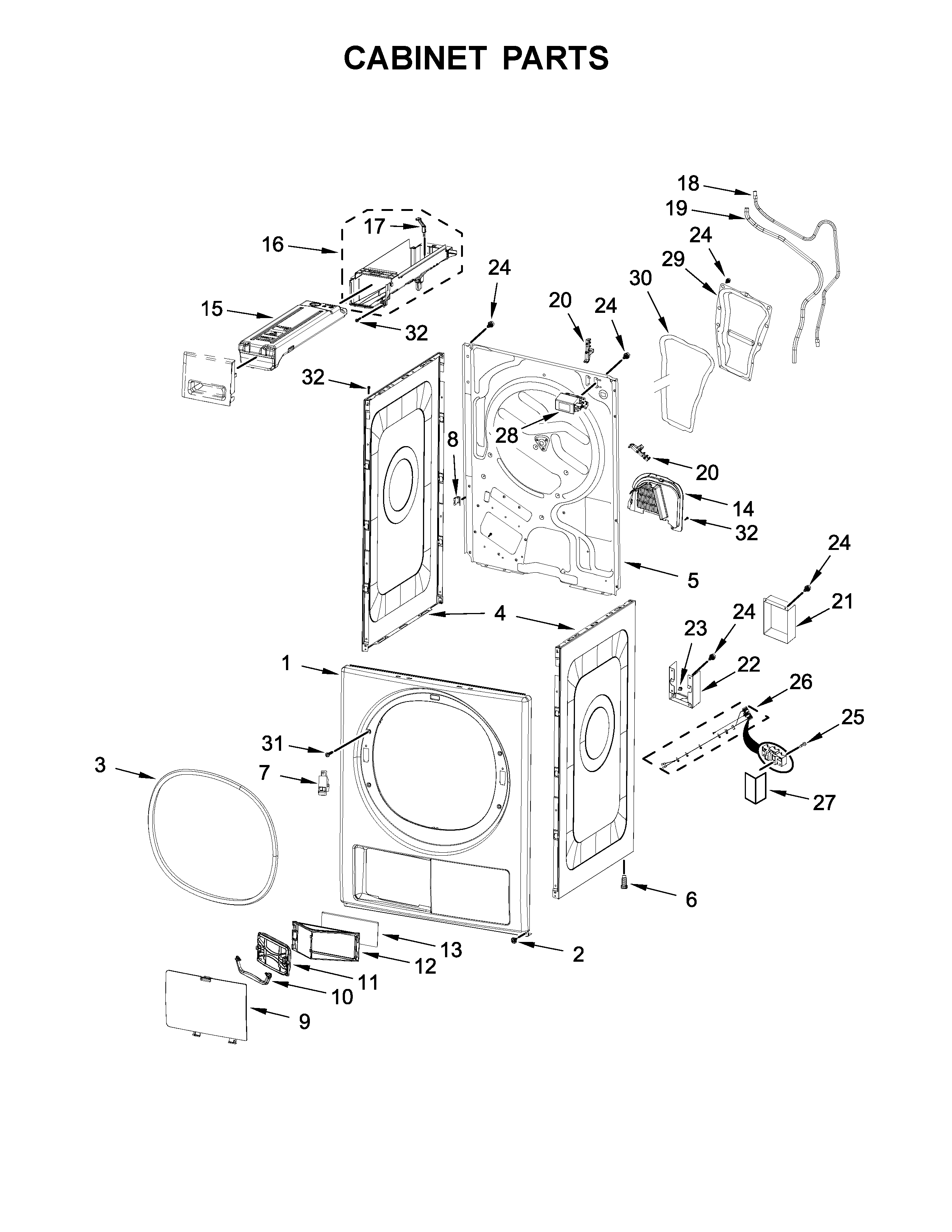 Whirlpool WHD5090GW0 cabinet parts diagram
