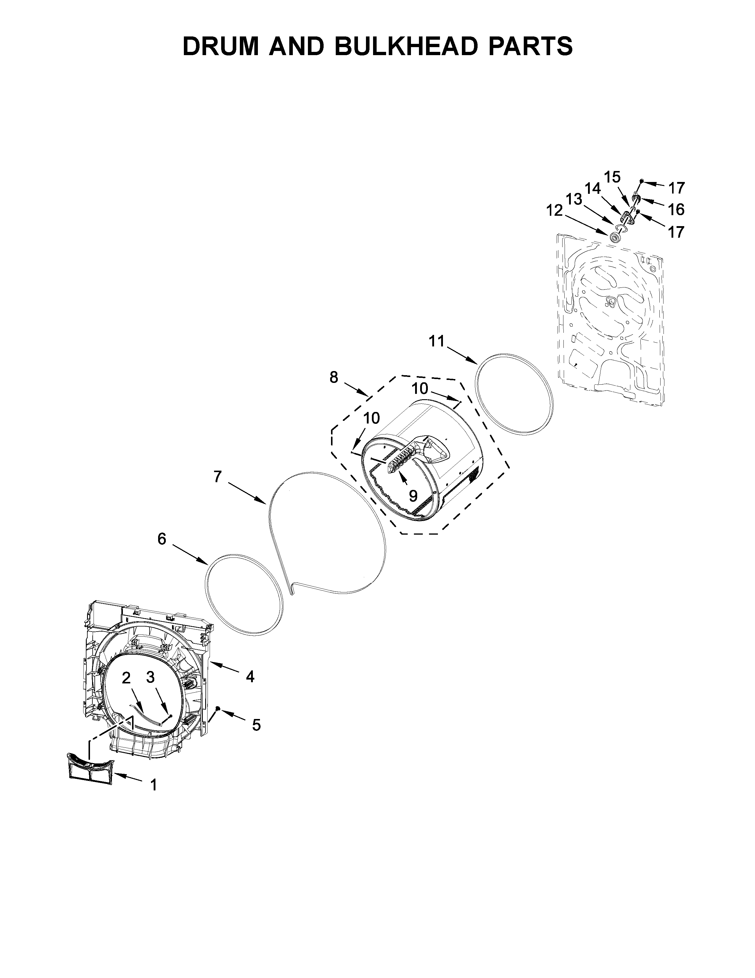 Whirlpool WHD5090GW0 drum and bulkhead parts diagram