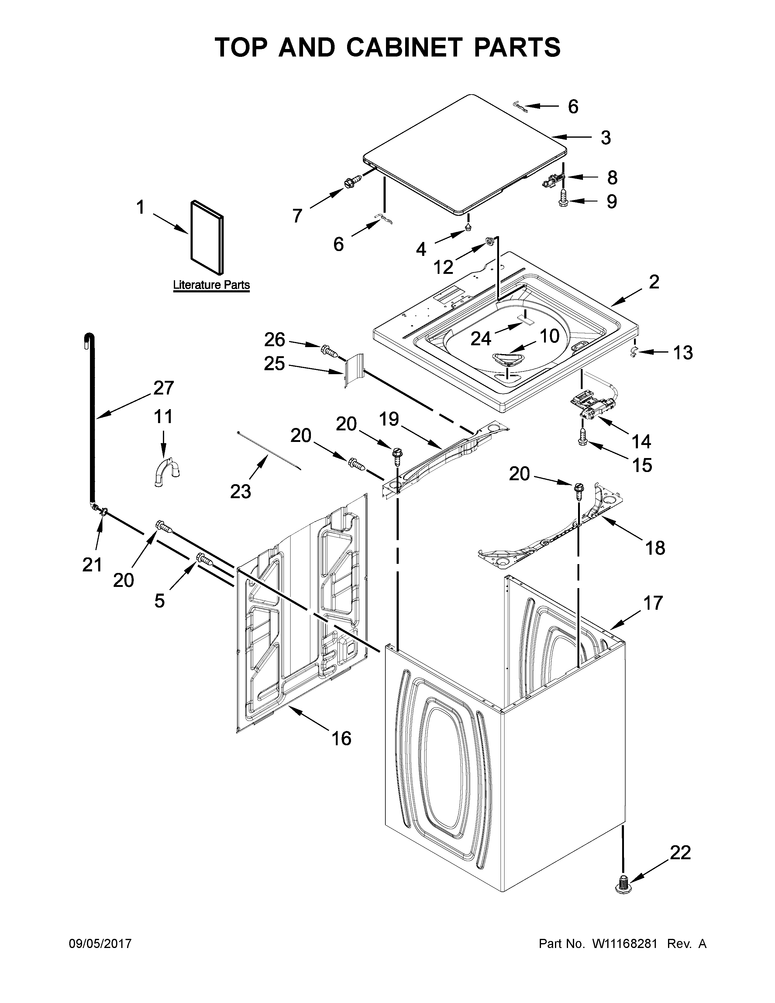 Whirlpool WTW4816FW2 top and cabinet parts diagram