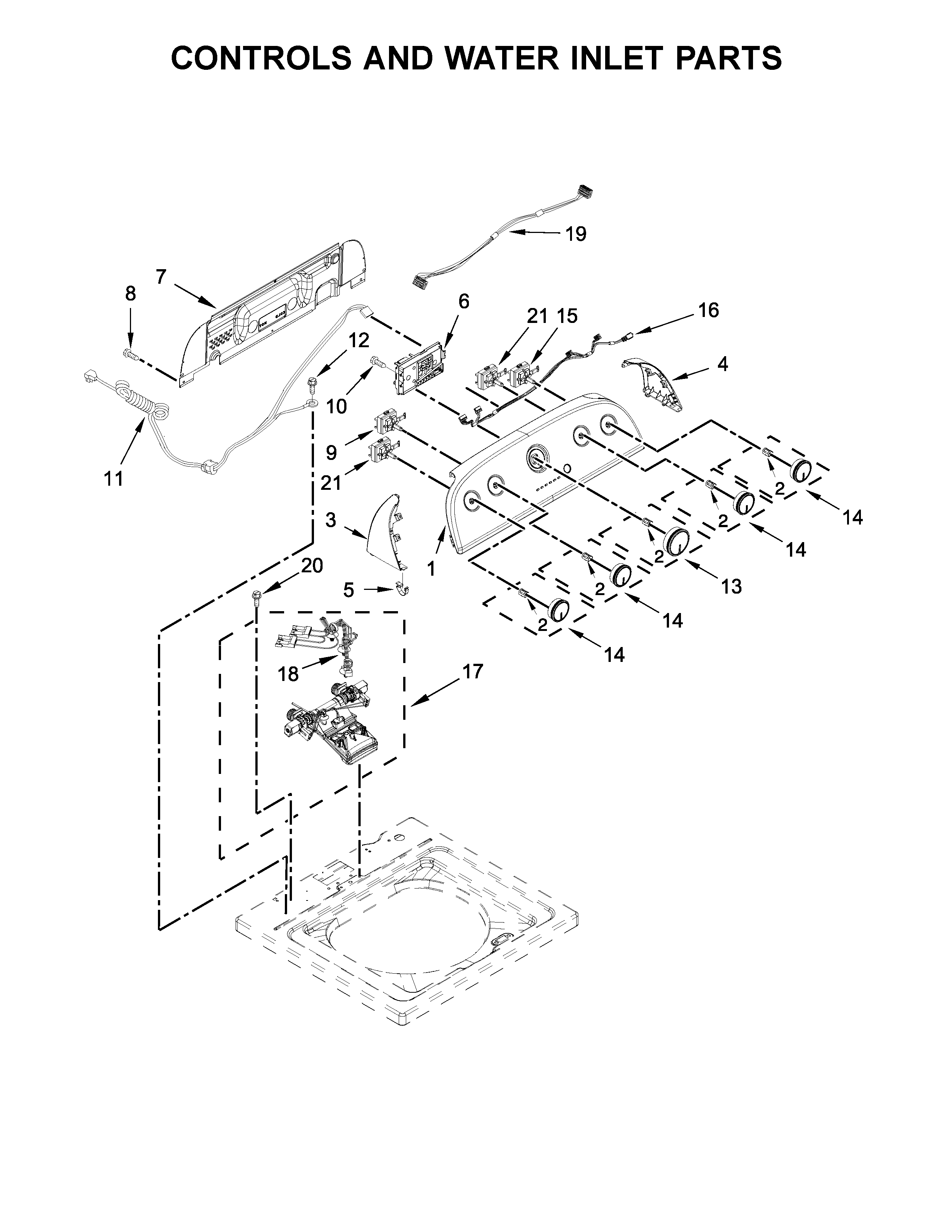 Whirlpool WTW4816FW2 controls and water inlet parts diagram