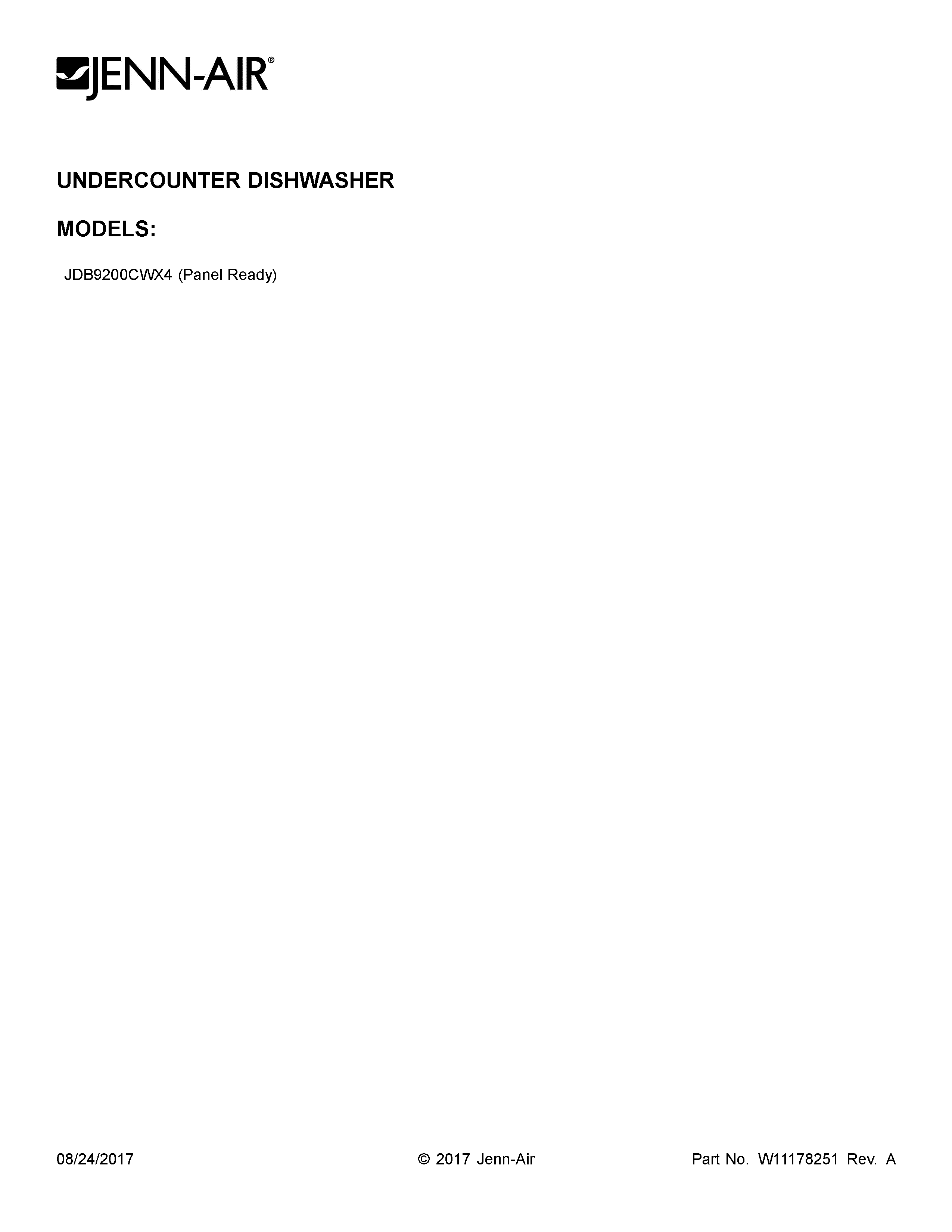 Jenn-Air JDB9200CWX4 cover sheet diagram