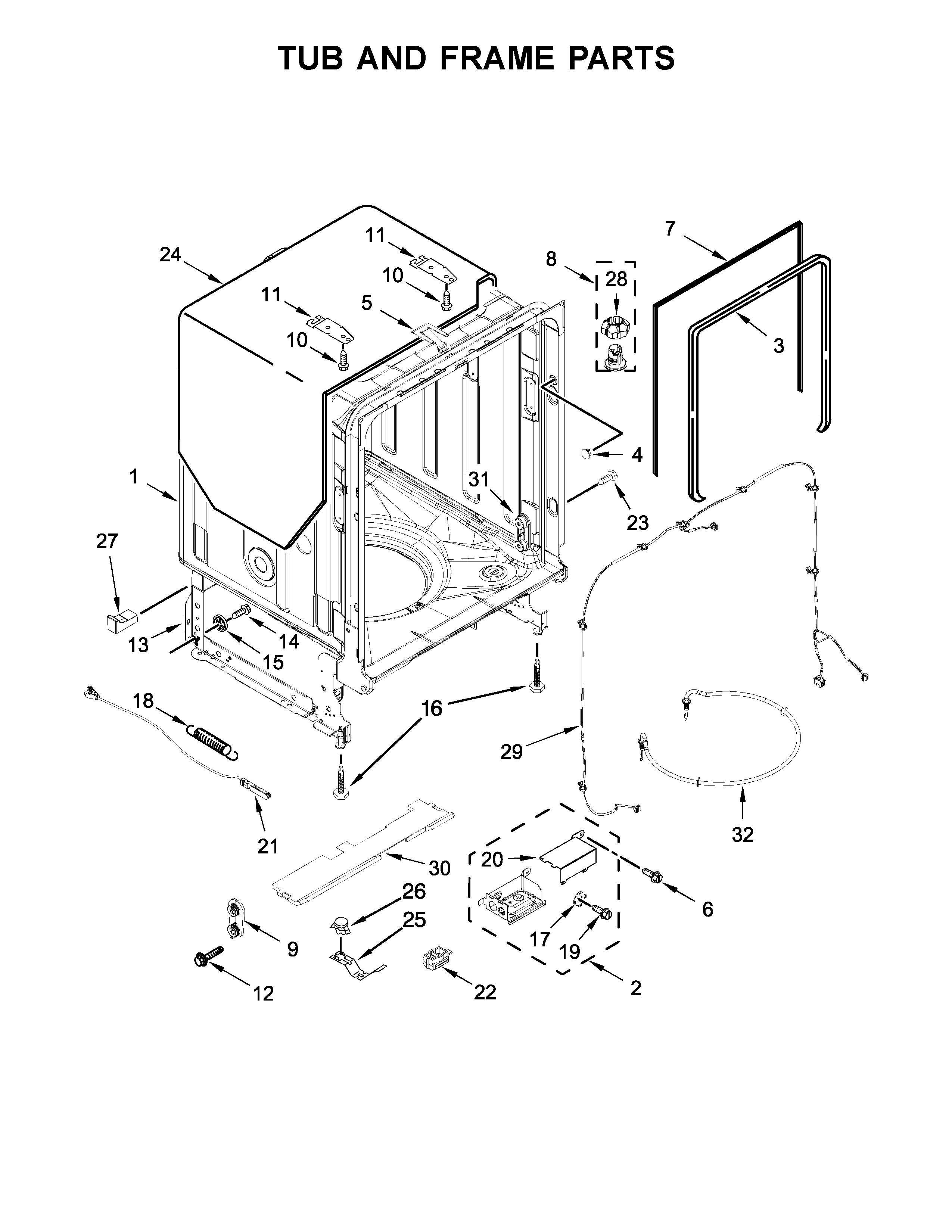 Jenn-Air JDB9200CWX4 tub and frame parts diagram