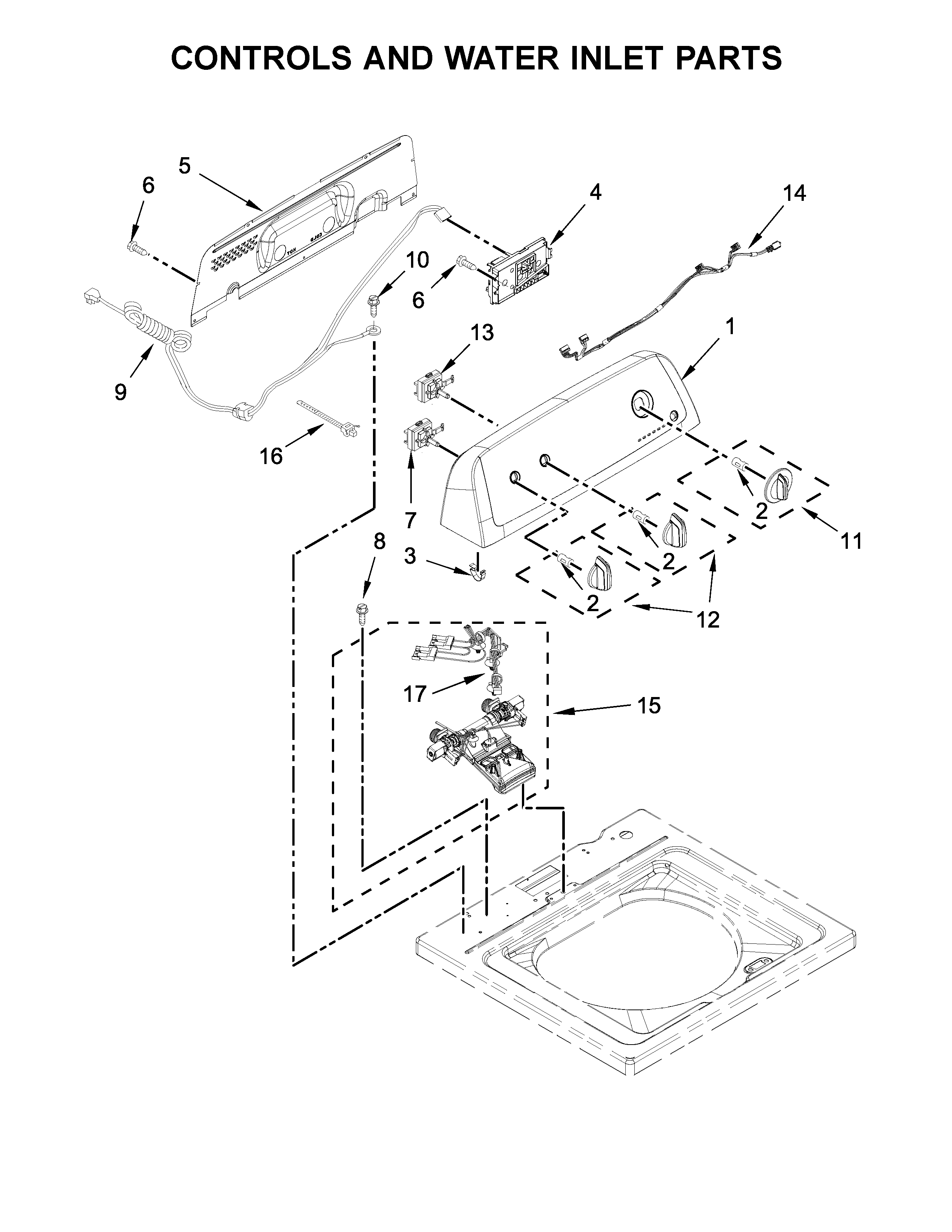 Amana NTW4665GW0 controls and water inlet parts diagram