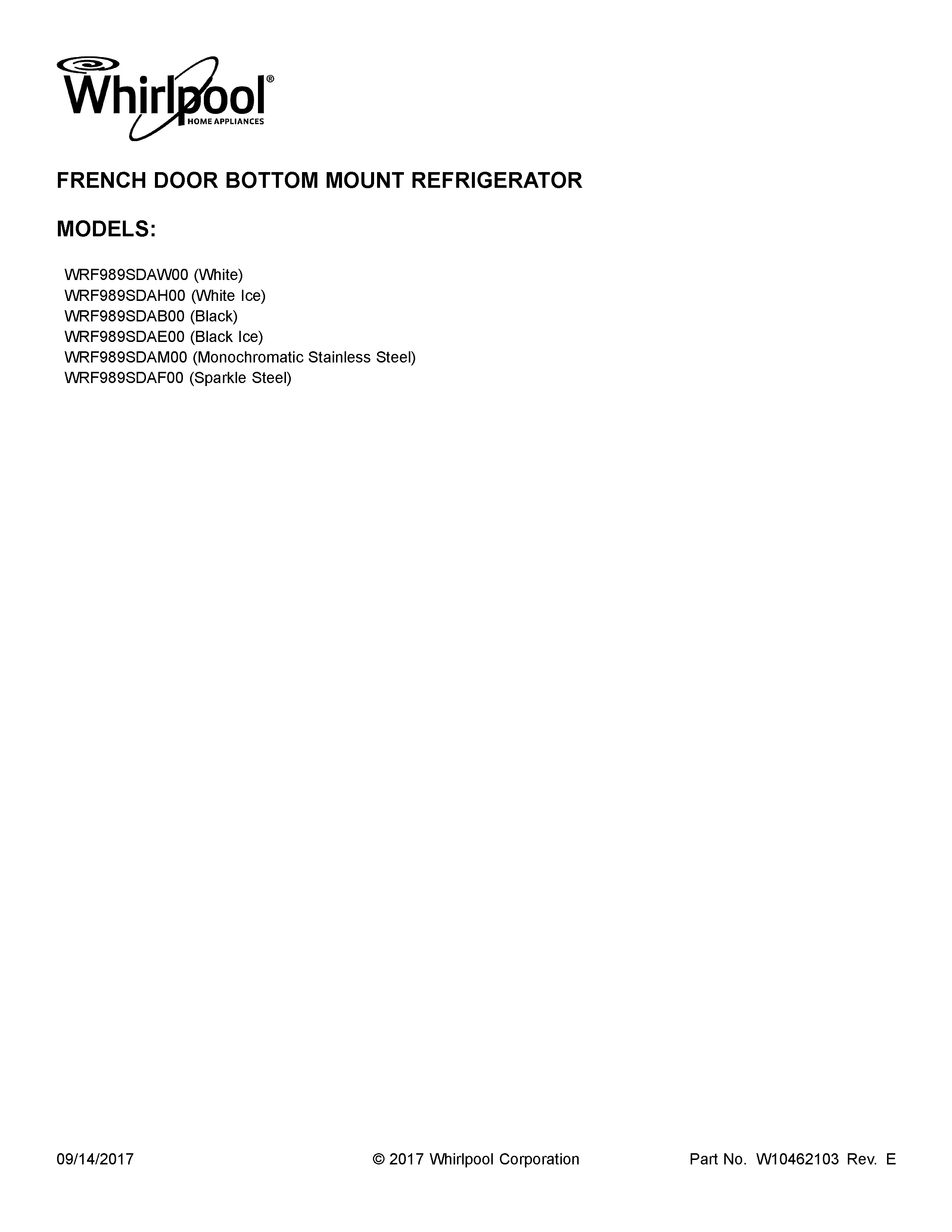 Whirlpool WRF989SDAM00 cover sheet diagram