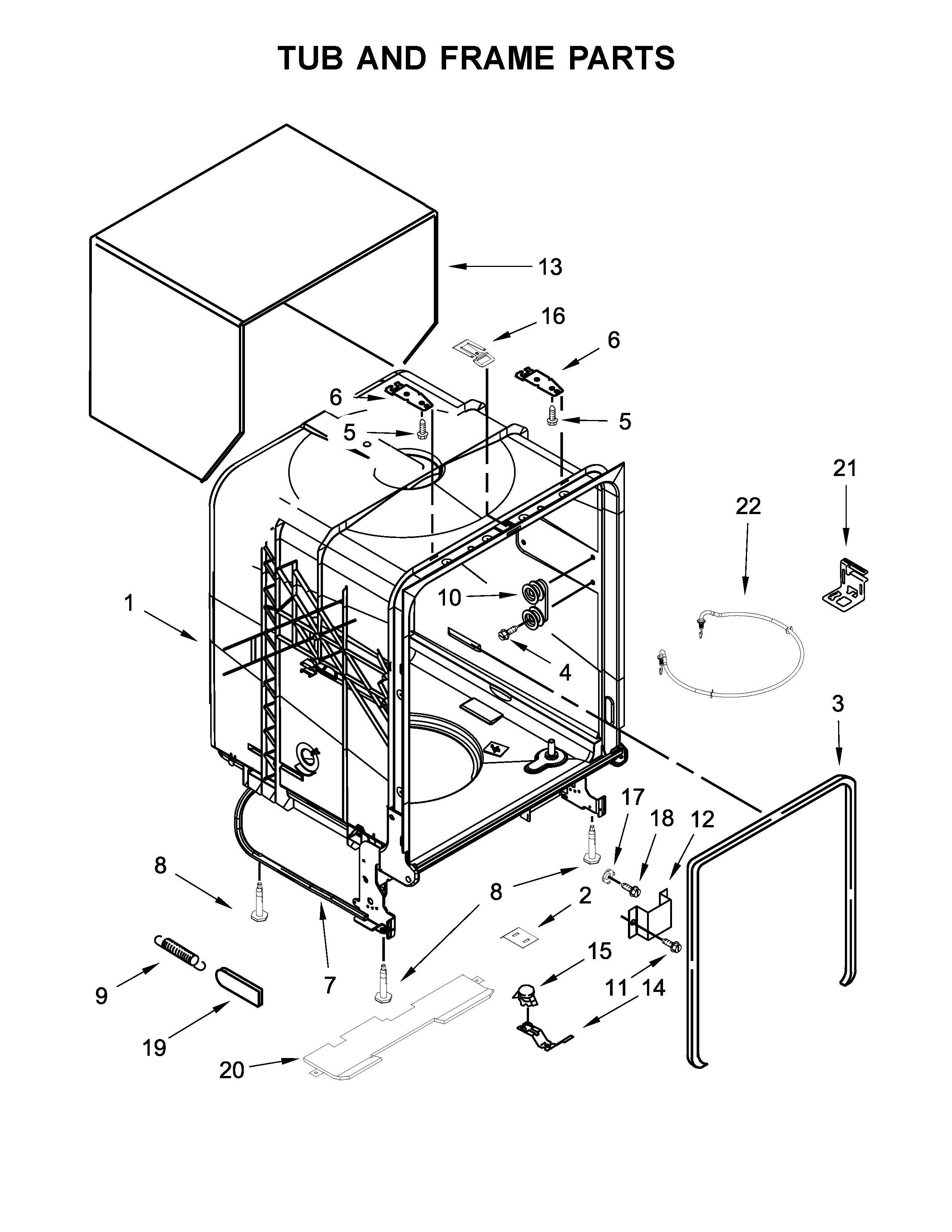 Whirlpool WDF330PAHT1 tub and frame parts diagram