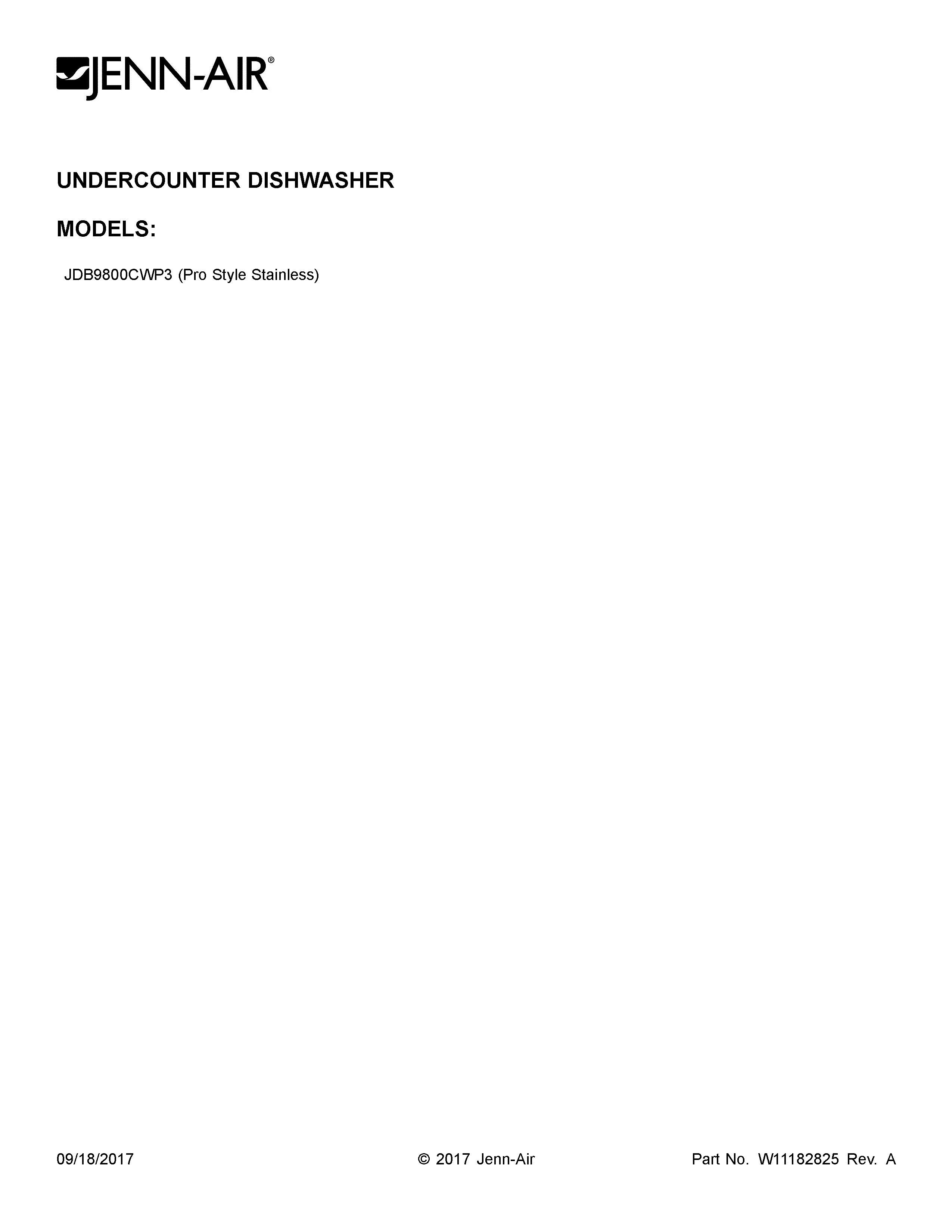 Jenn-Air JDB9800CWP3 cover sheet diagram