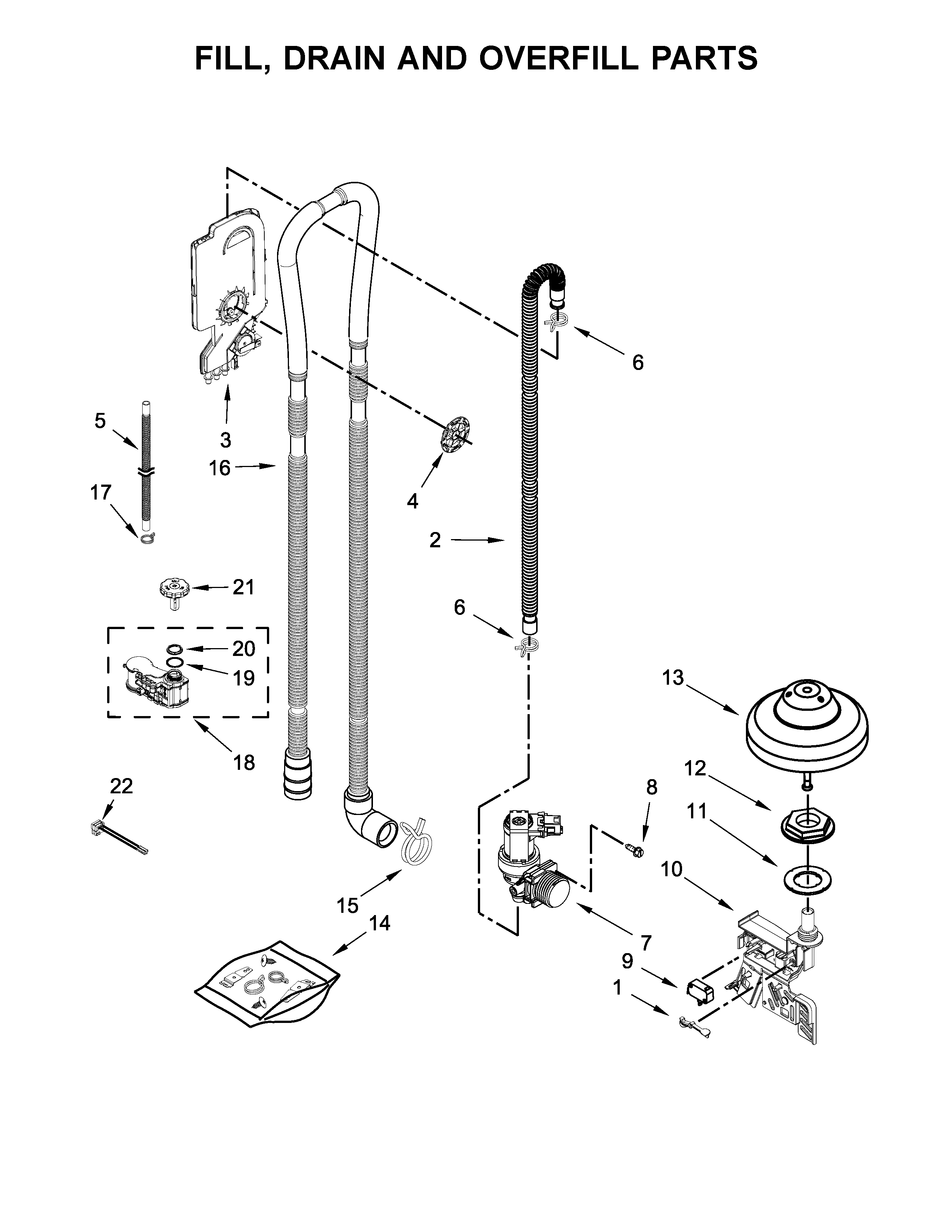 Jenn-Air JDB9800CWP3 fill, drain and overfill parts diagram