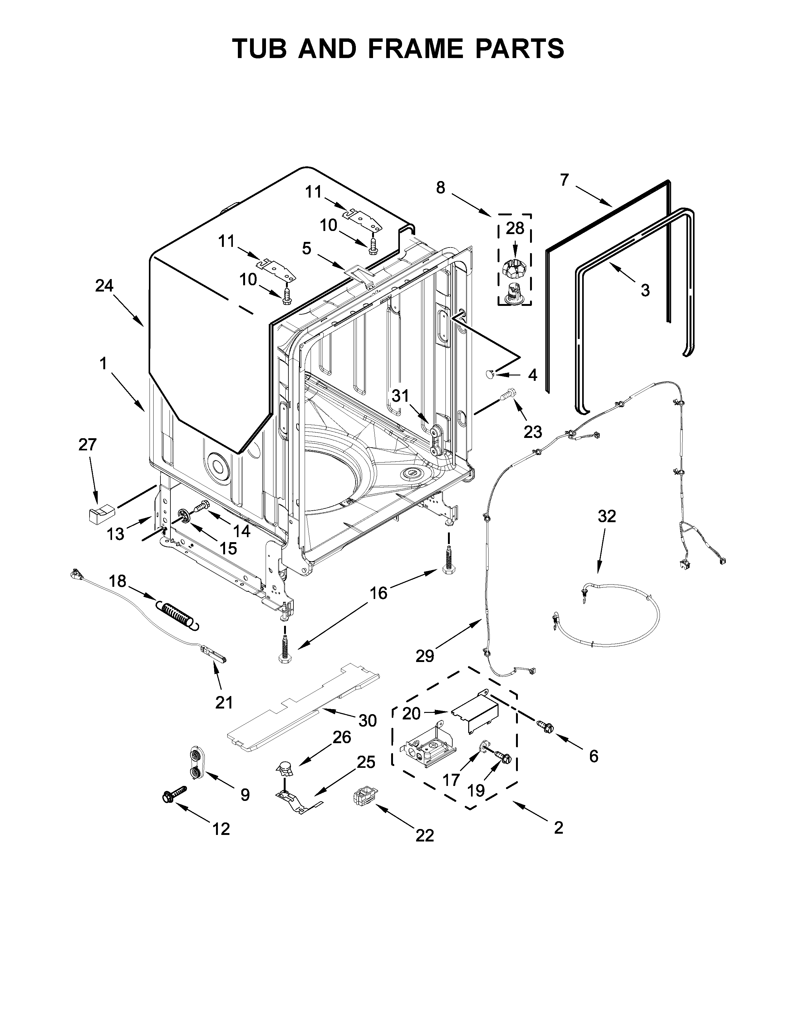 Jenn-Air JDB9200CWS3 tub and frame parts diagram