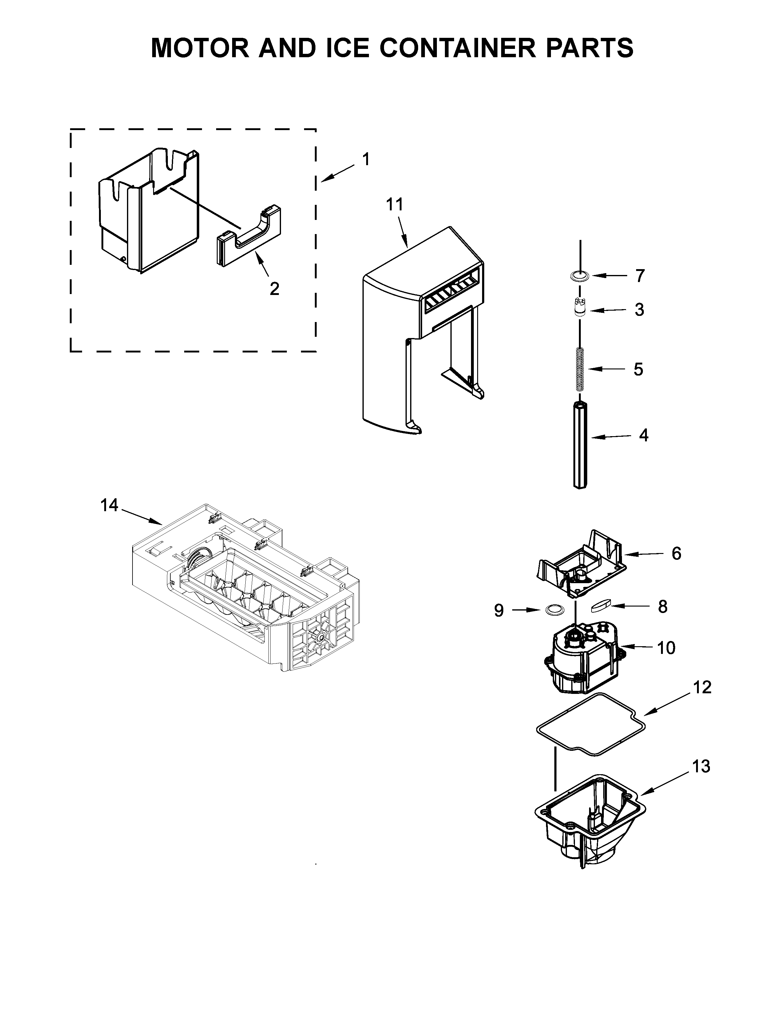 Whirlpool WRS571CIDW01 motor and ice container parts diagram