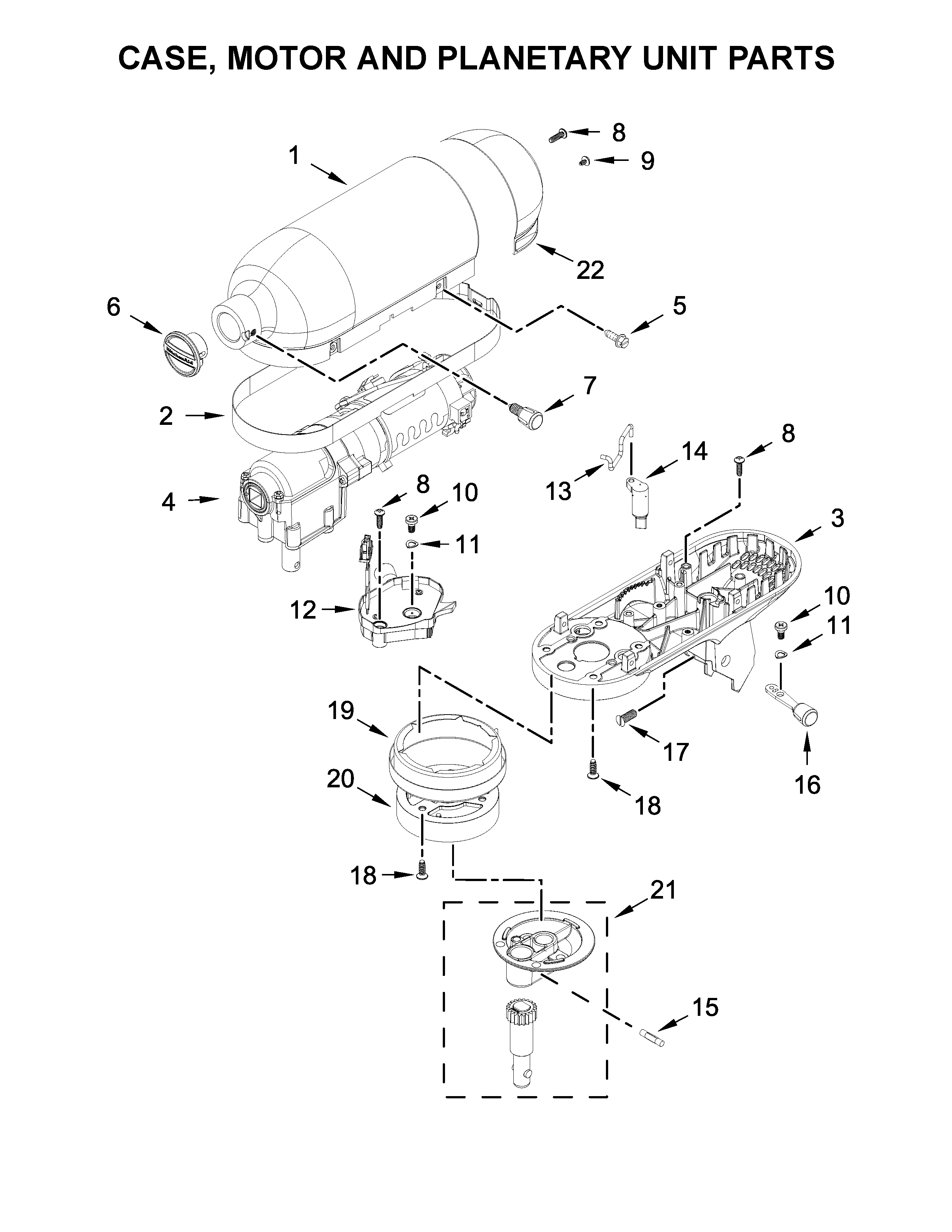 KitchenAid KSM3316PHW0 case, motor and planetary unit parts diagram