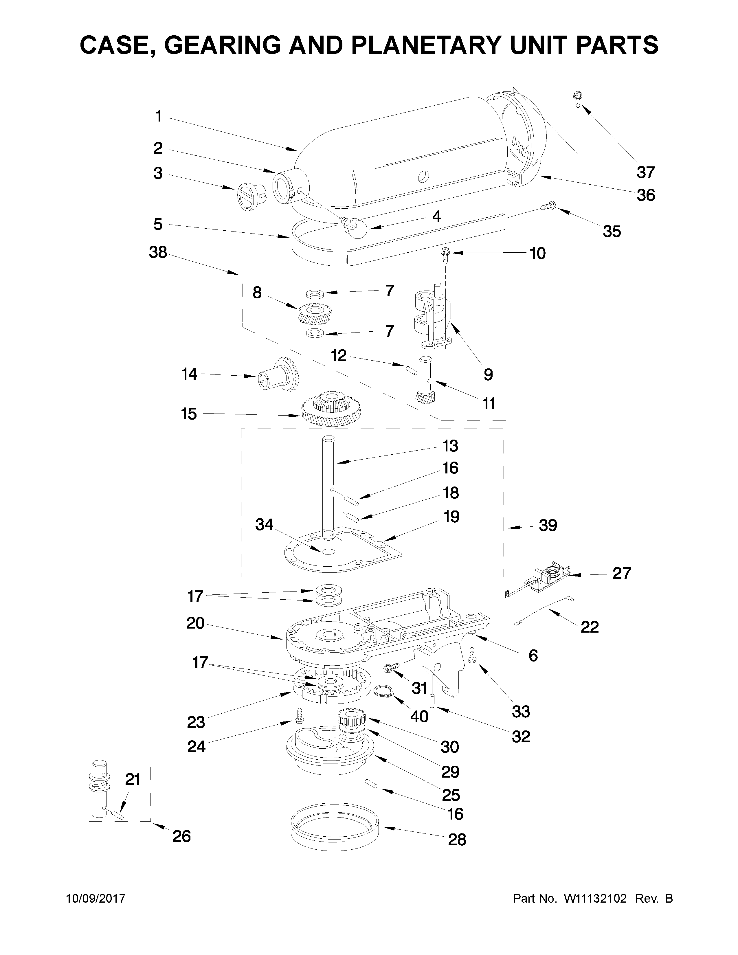 KitchenAid 5KSM45AWH0 case, gearing and planetary unit parts diagram