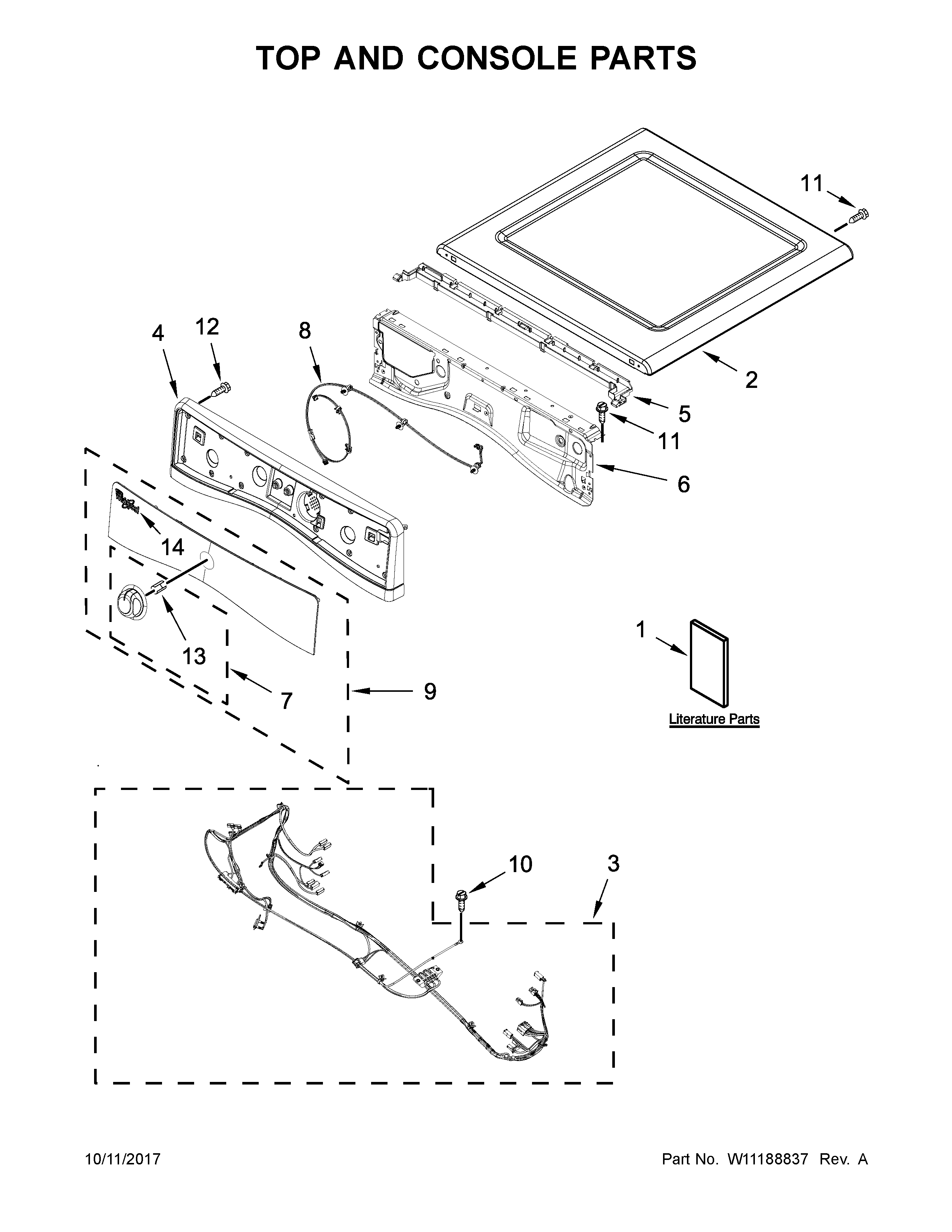 Whirlpool 7MWED90HEFW1 top and console parts diagram