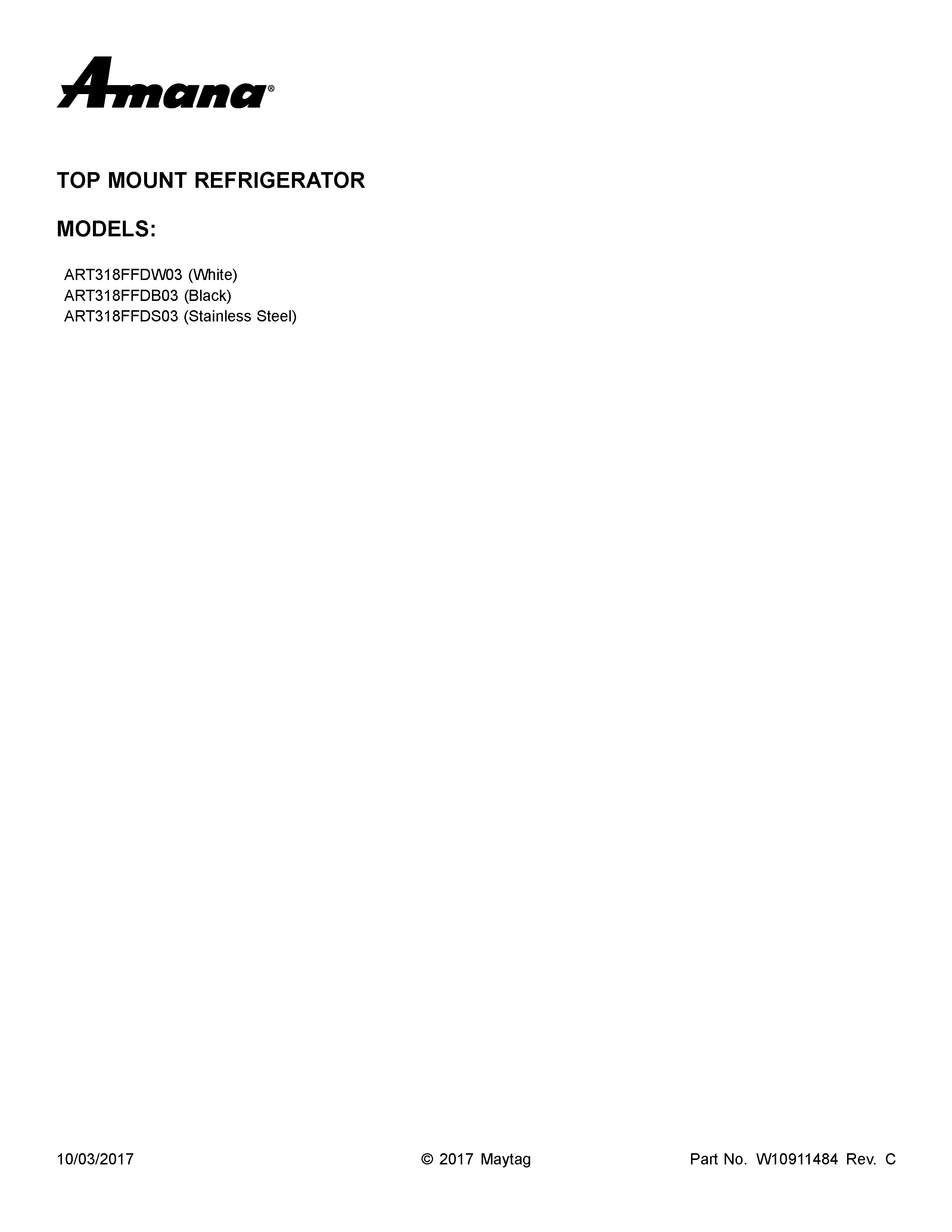 Amana ART318FFDW03 cover sheet diagram