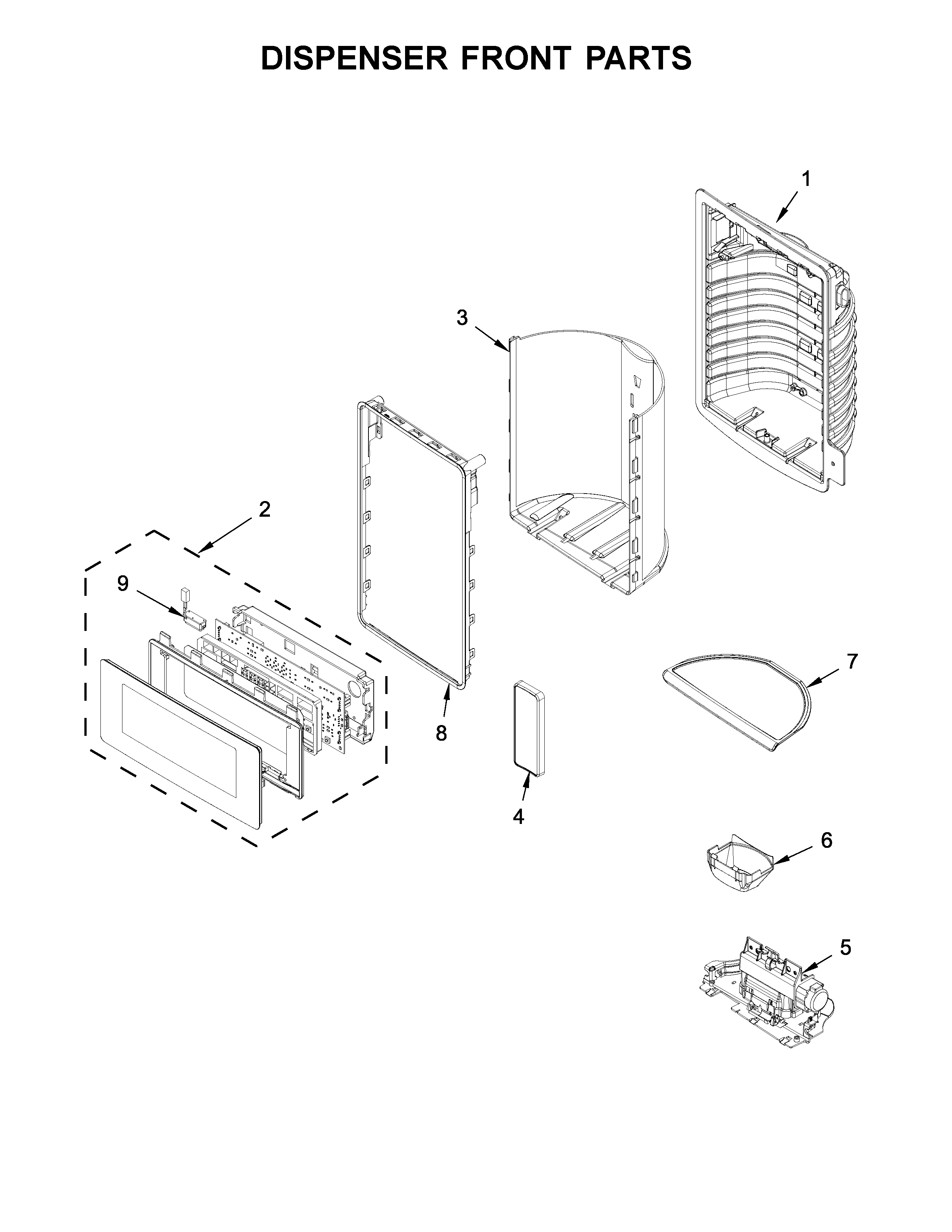 Whirlpool WRX988SIBM00 dispenser front parts diagram