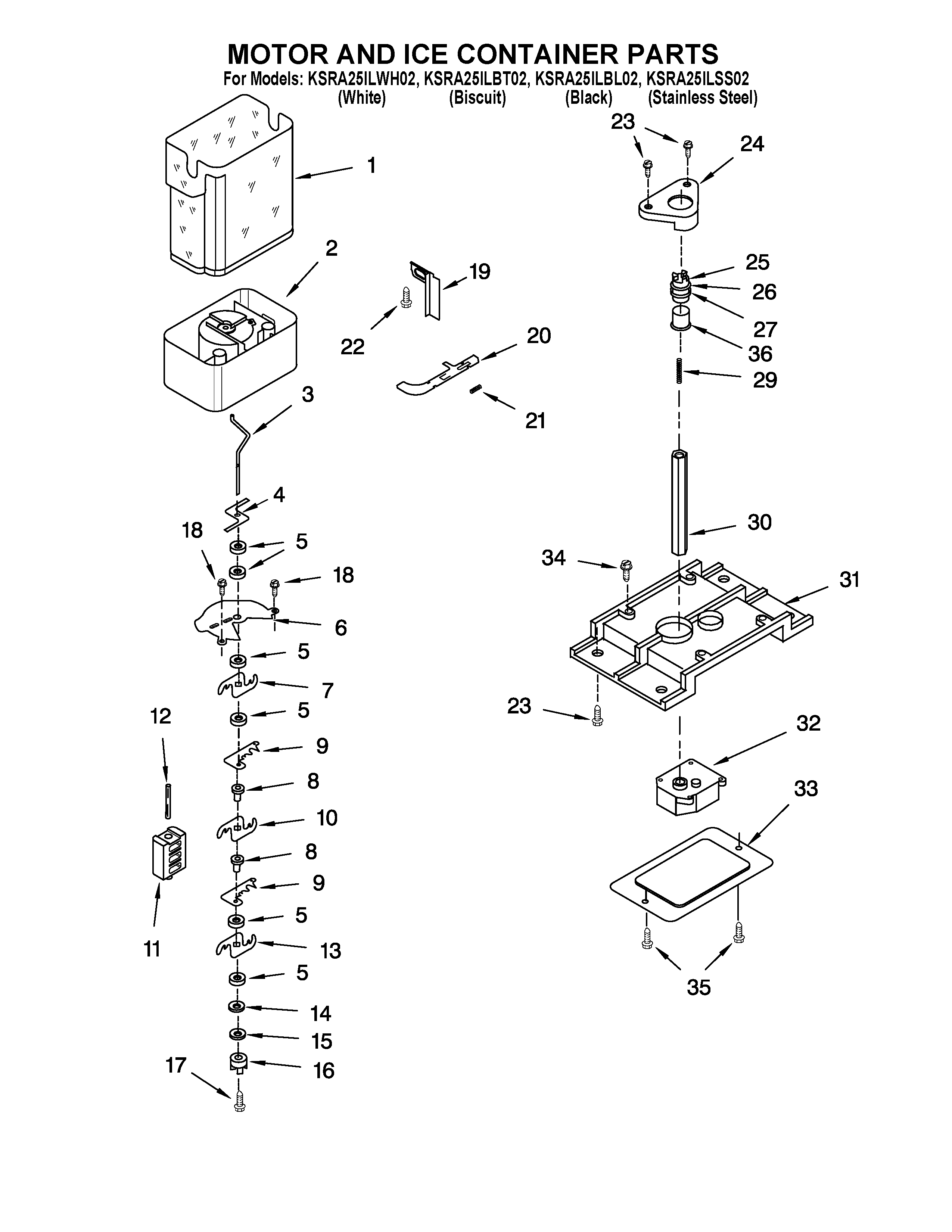 KitchenAid KSRA25ILBT02 motor and ice container parts diagram