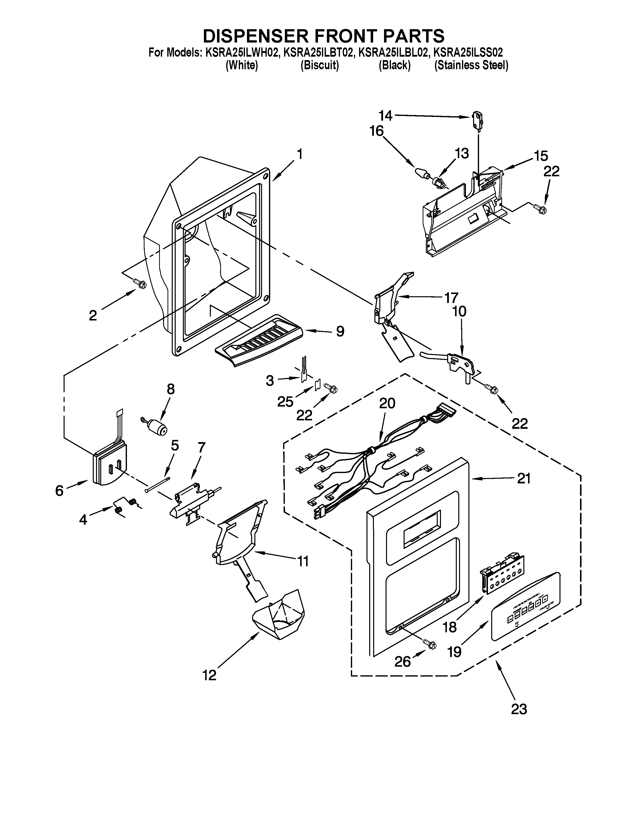 KitchenAid KSRA25ILBT02 dispenser front parts diagram