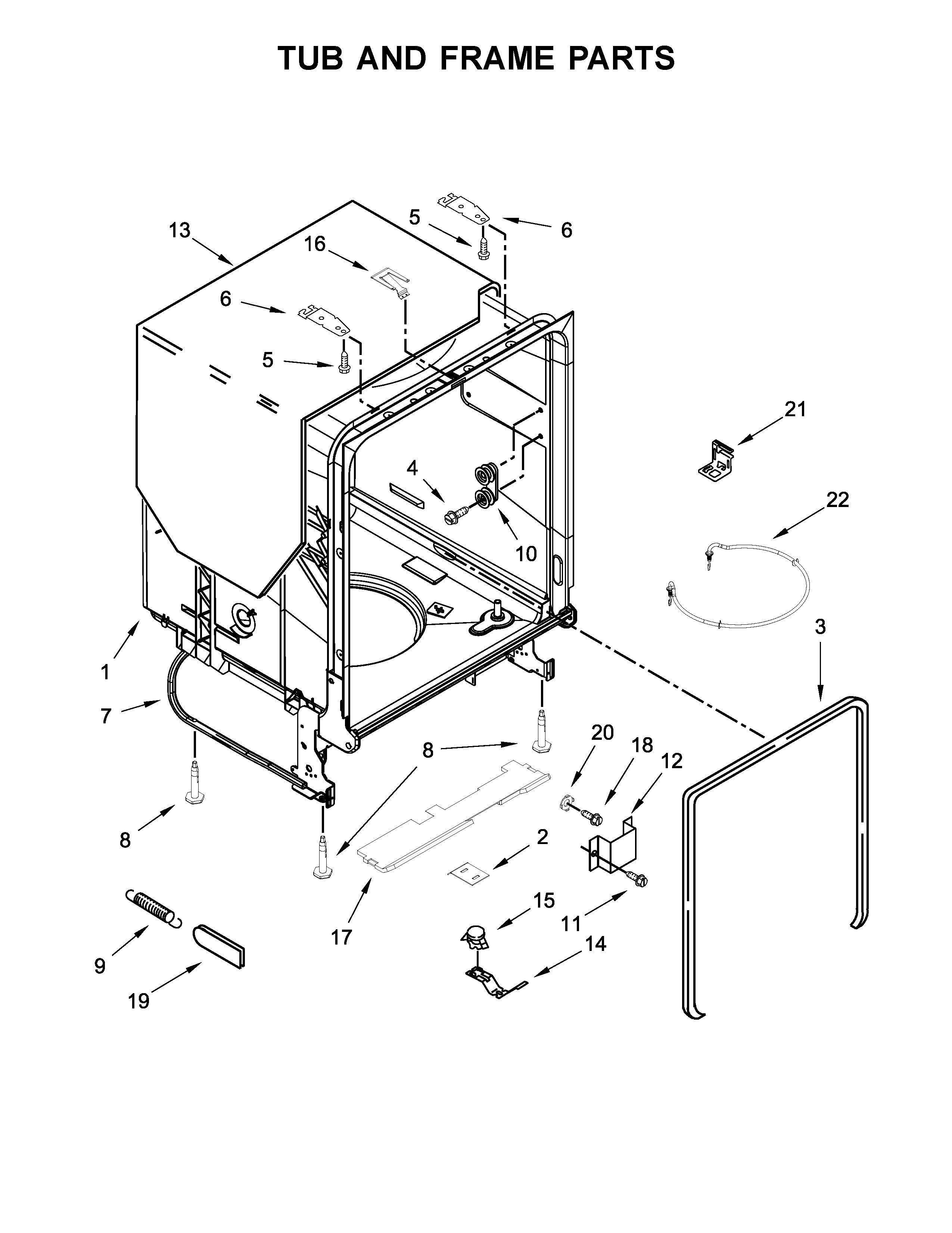 Whirlpool WDF520PADW6 tub and frame parts diagram