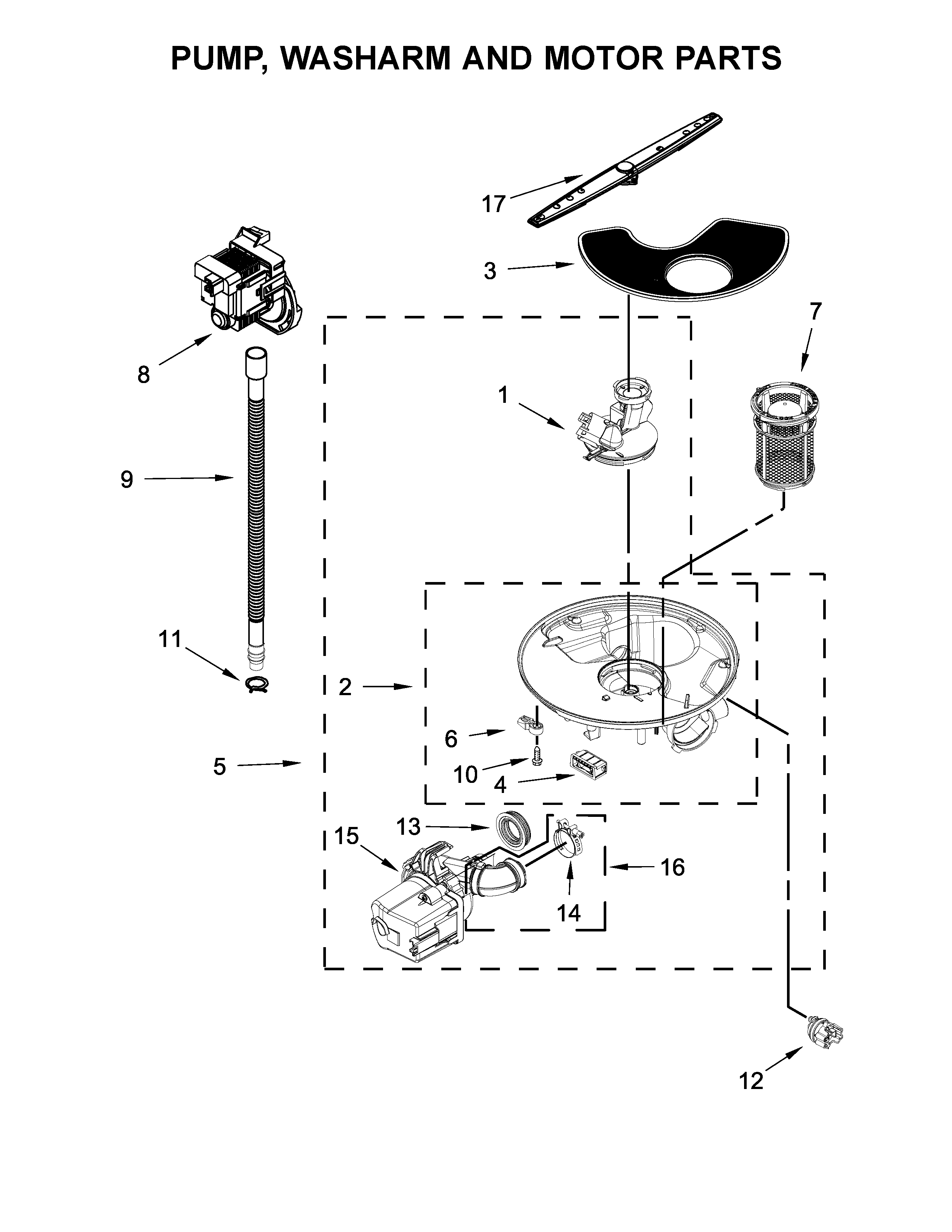 Whirlpool WDF520PADW6 pump, washarm and motor parts diagram