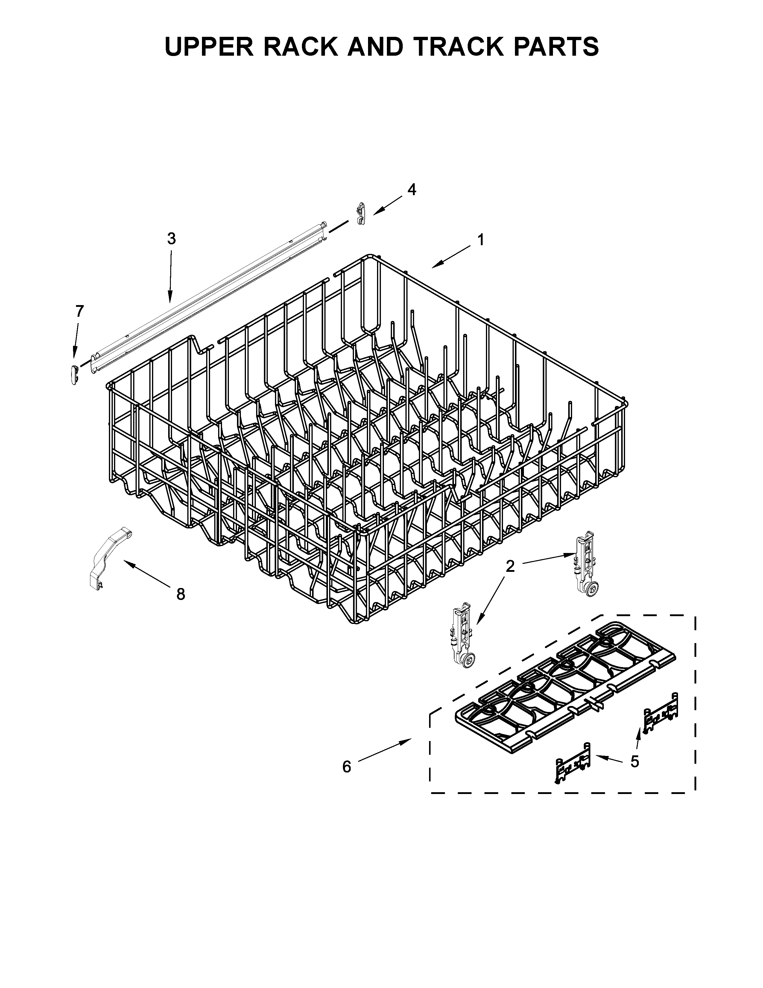Whirlpool WDF520PADW6 upper rack and track parts diagram