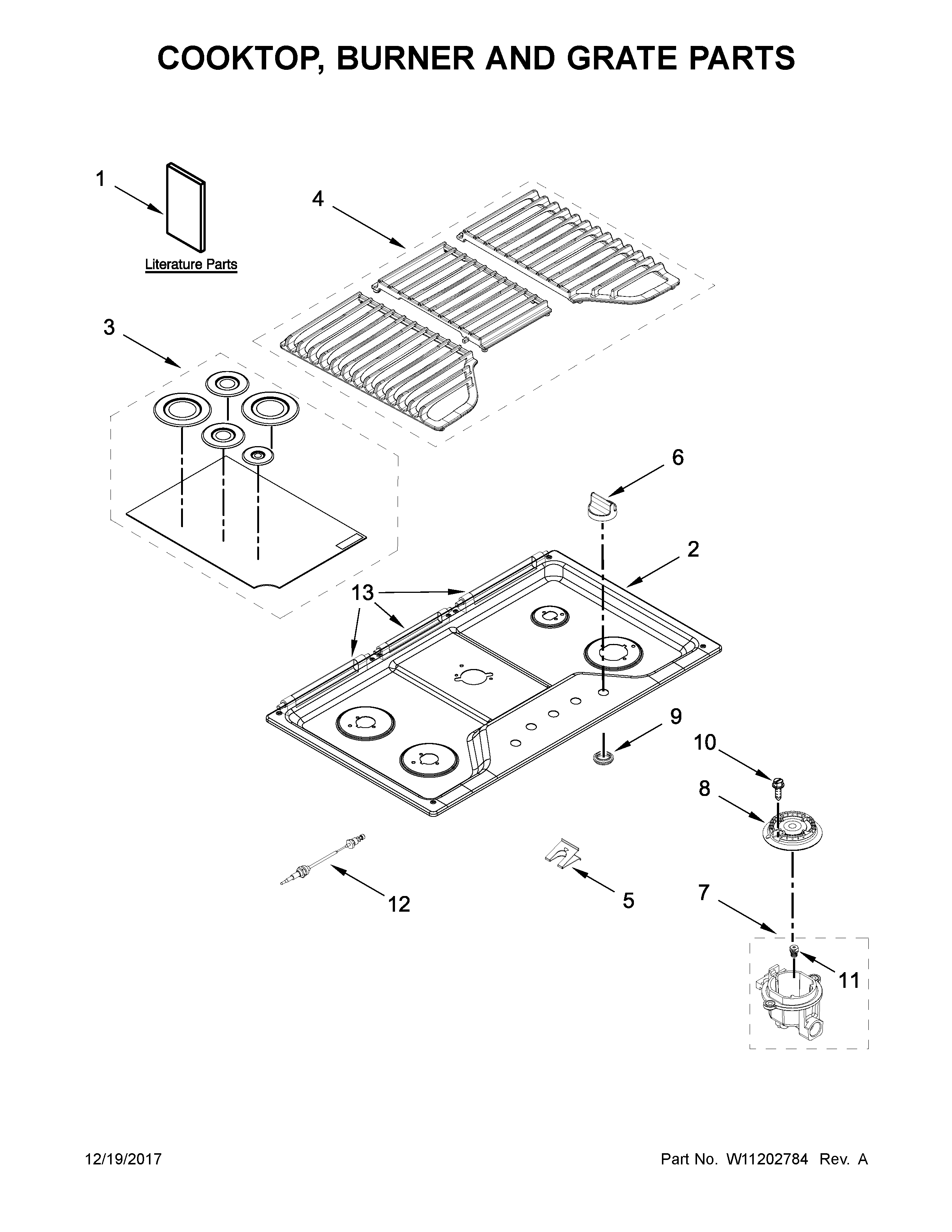 Whirlpool WCG55US6HB00 cooktop, burner and grate parts diagram