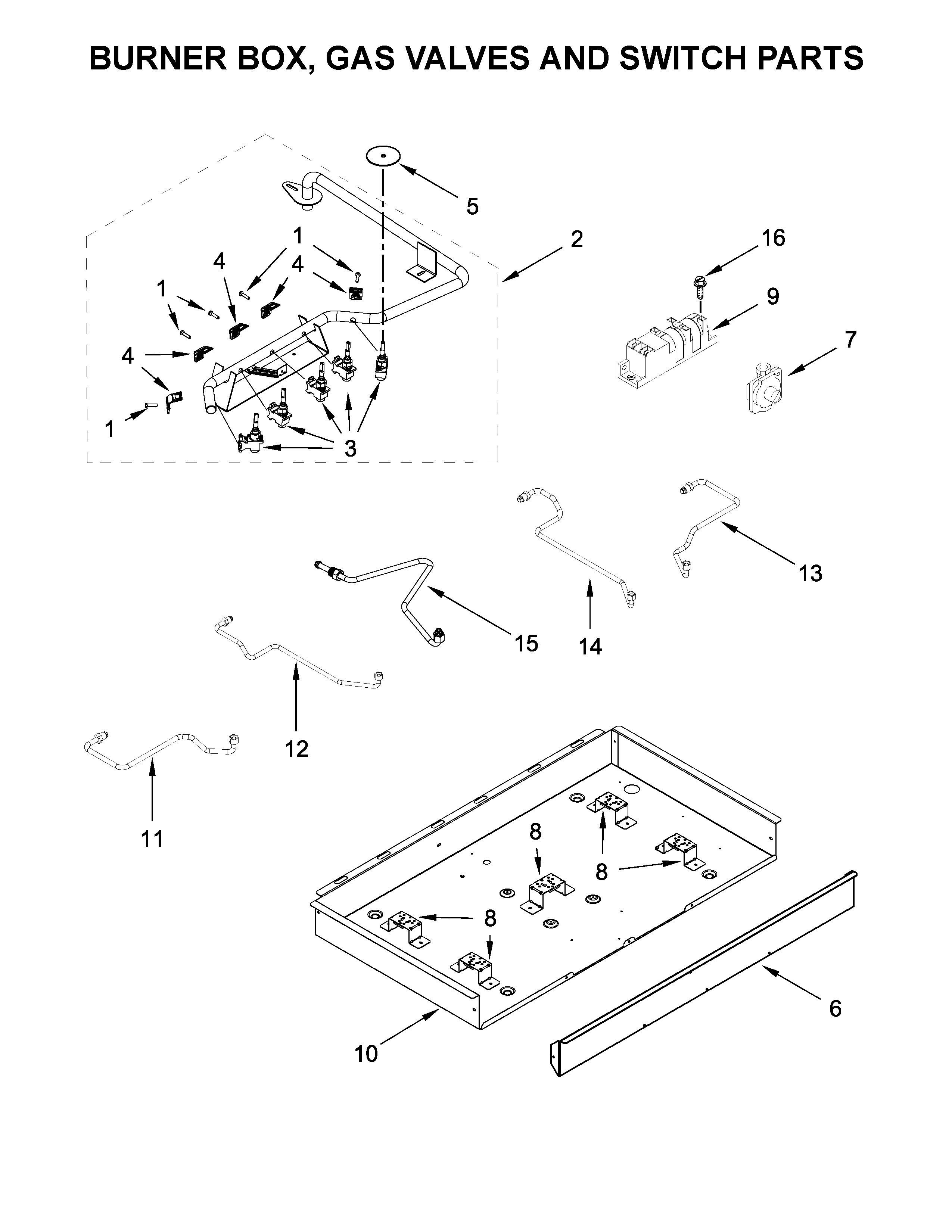 Whirlpool WCG55US6HB00 burner box, gas valves and switch parts diagram