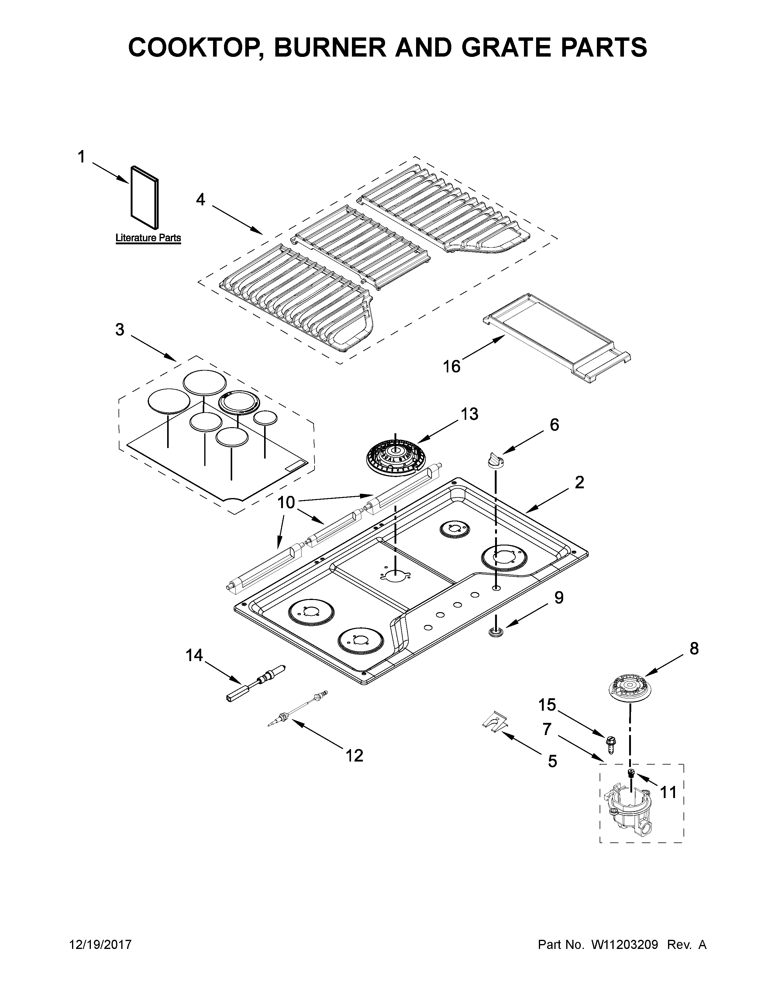 Whirlpool WCG97US6HS00 cooktop, burner and grate parts diagram