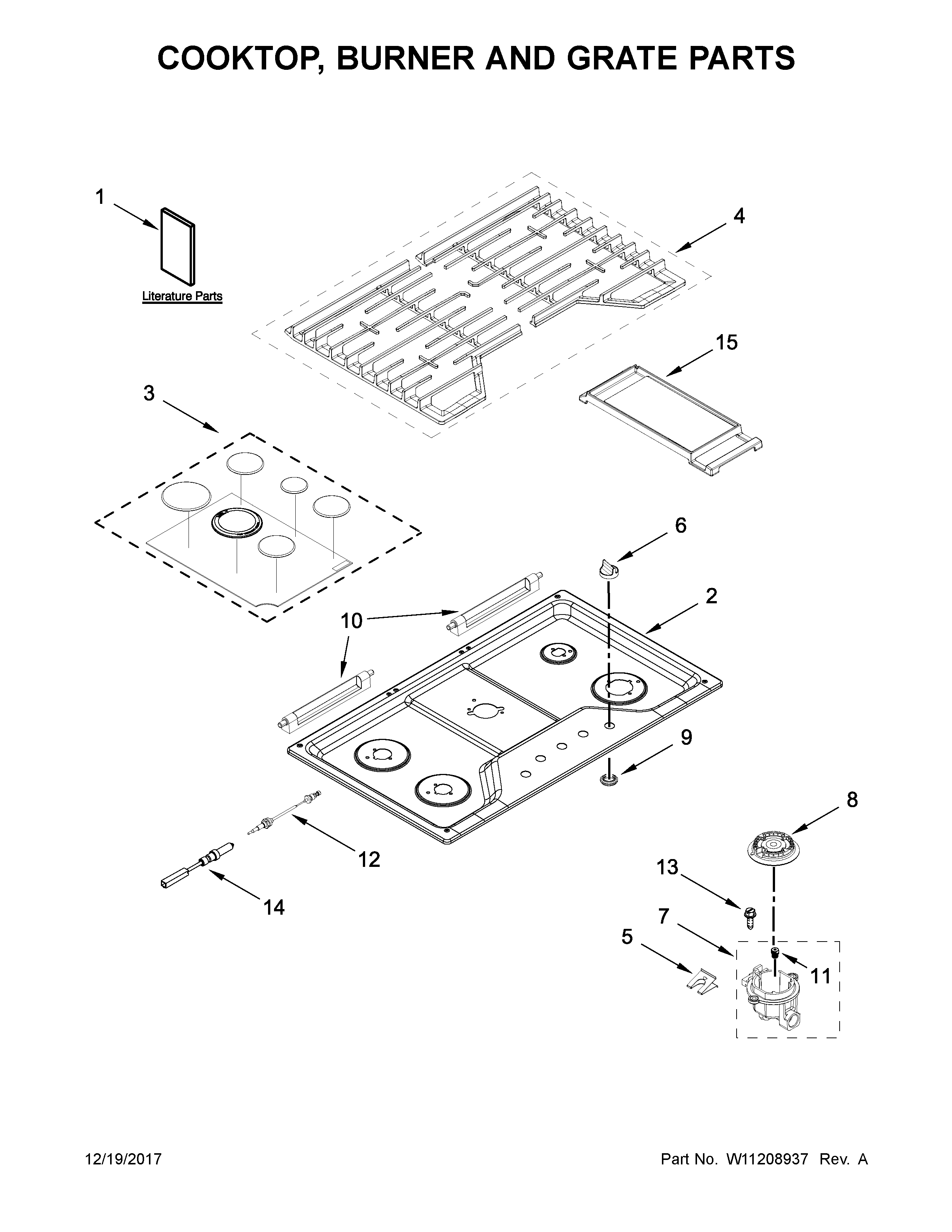 Whirlpool WCG97US0HS00 cooktop, burner and grate parts diagram