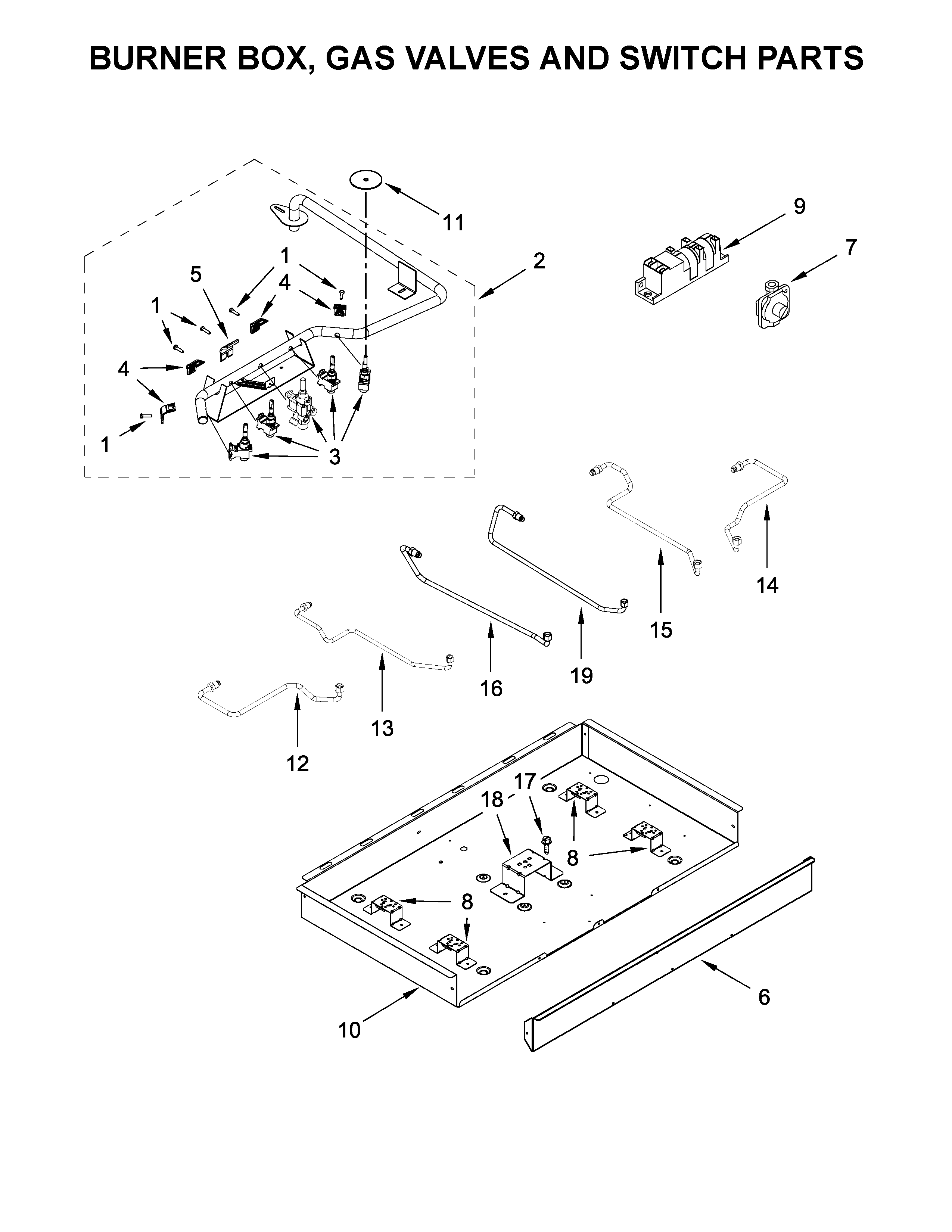 Whirlpool WCG97US0HS00 burner box, gas valves and switch parts diagram