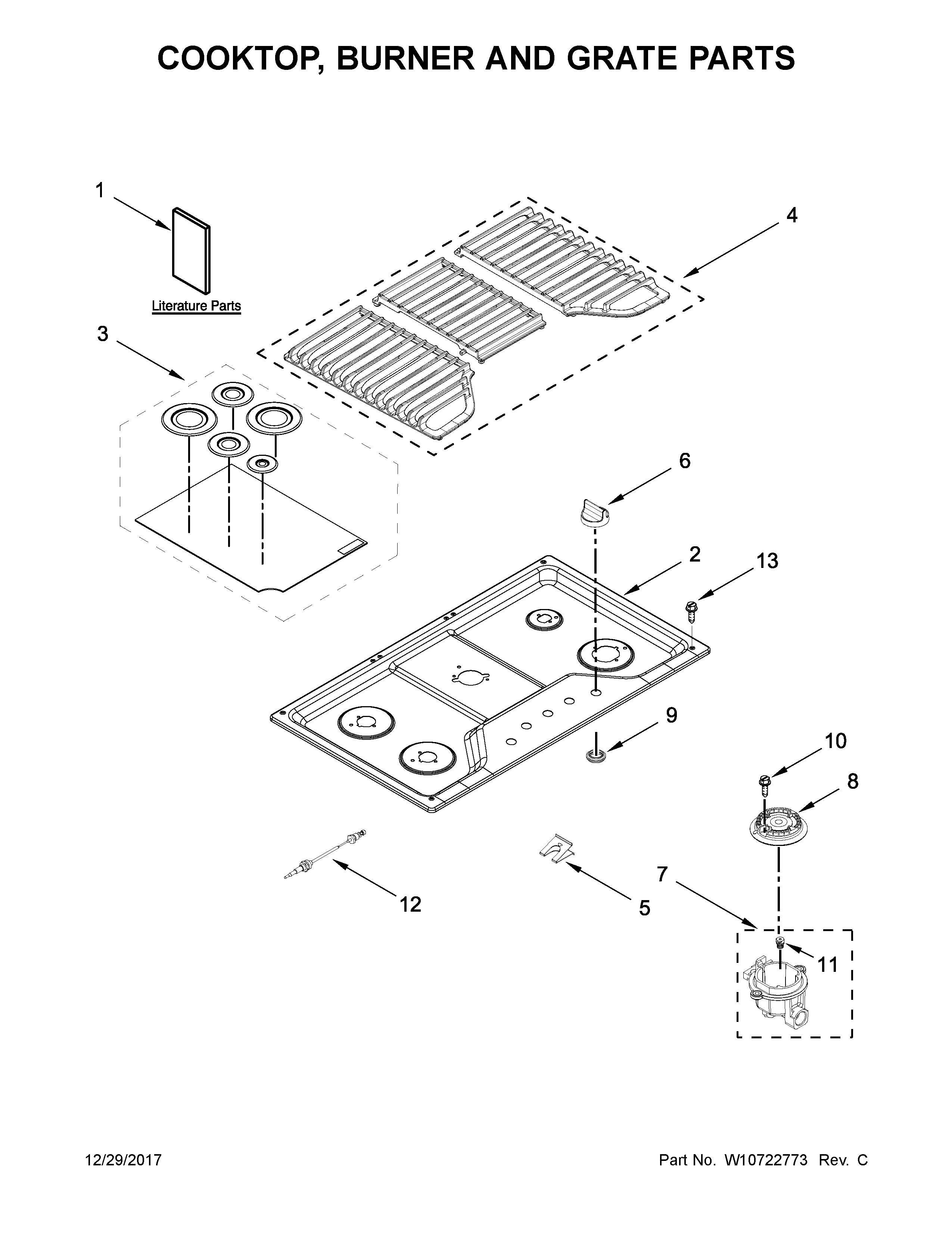 Whirlpool WCG51US6DB00 cooktop, burner and grate parts diagram