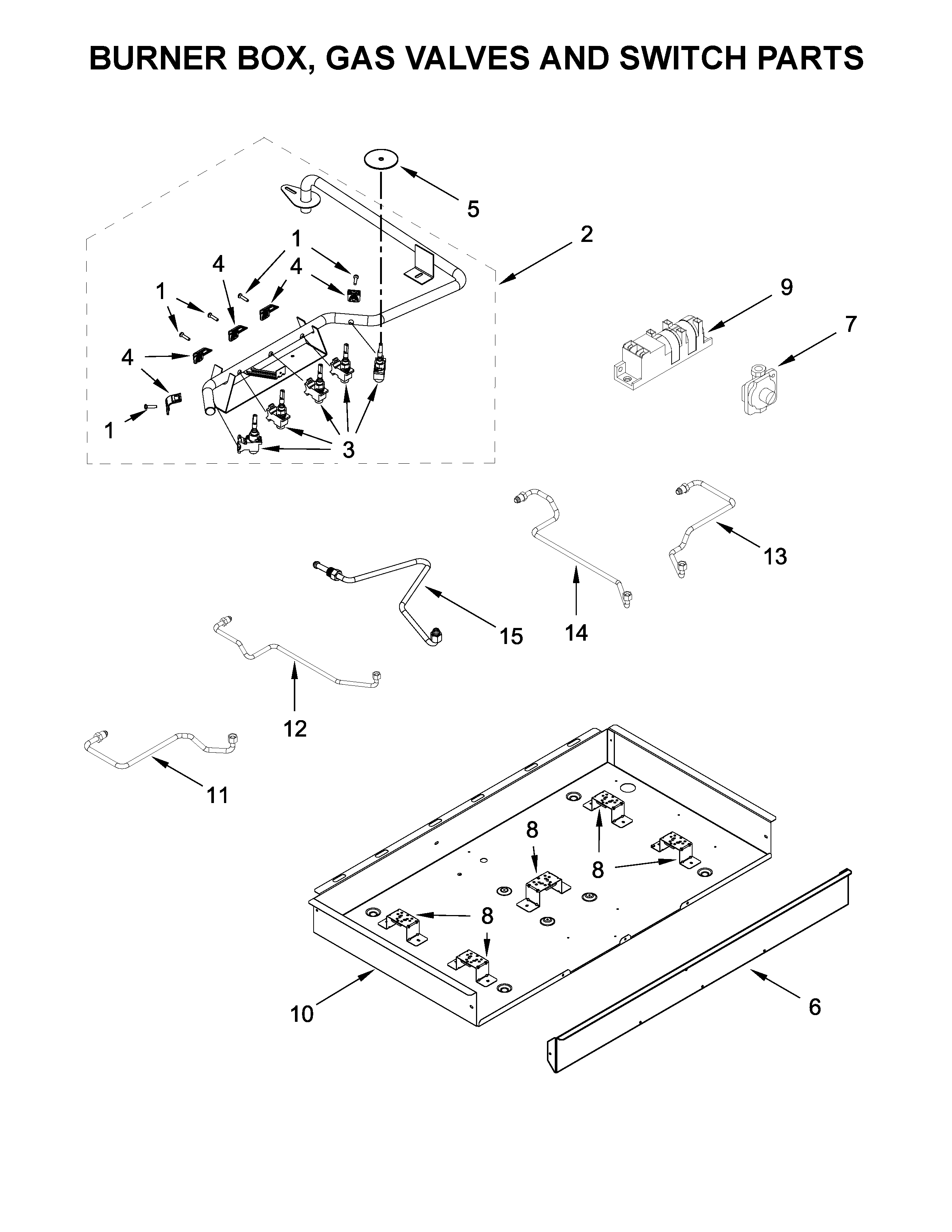 Whirlpool WCG51US6DB00 burner box, gas valves and switch parts diagram