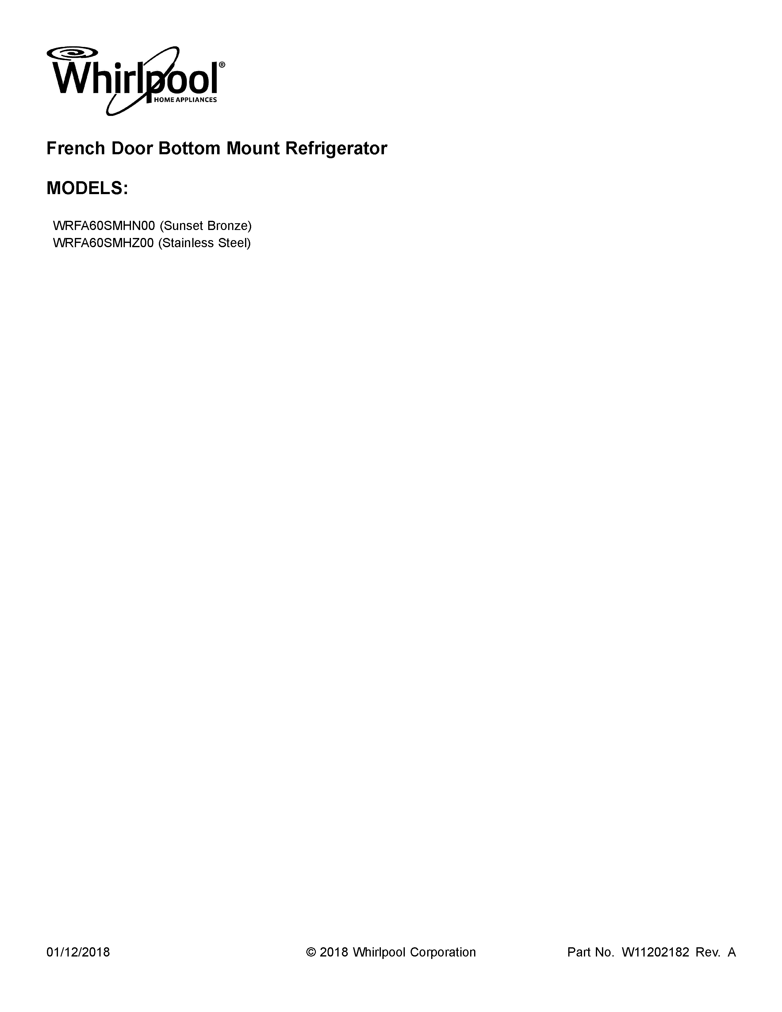 Whirlpool WRFA60SMHN00 cover sheet diagram