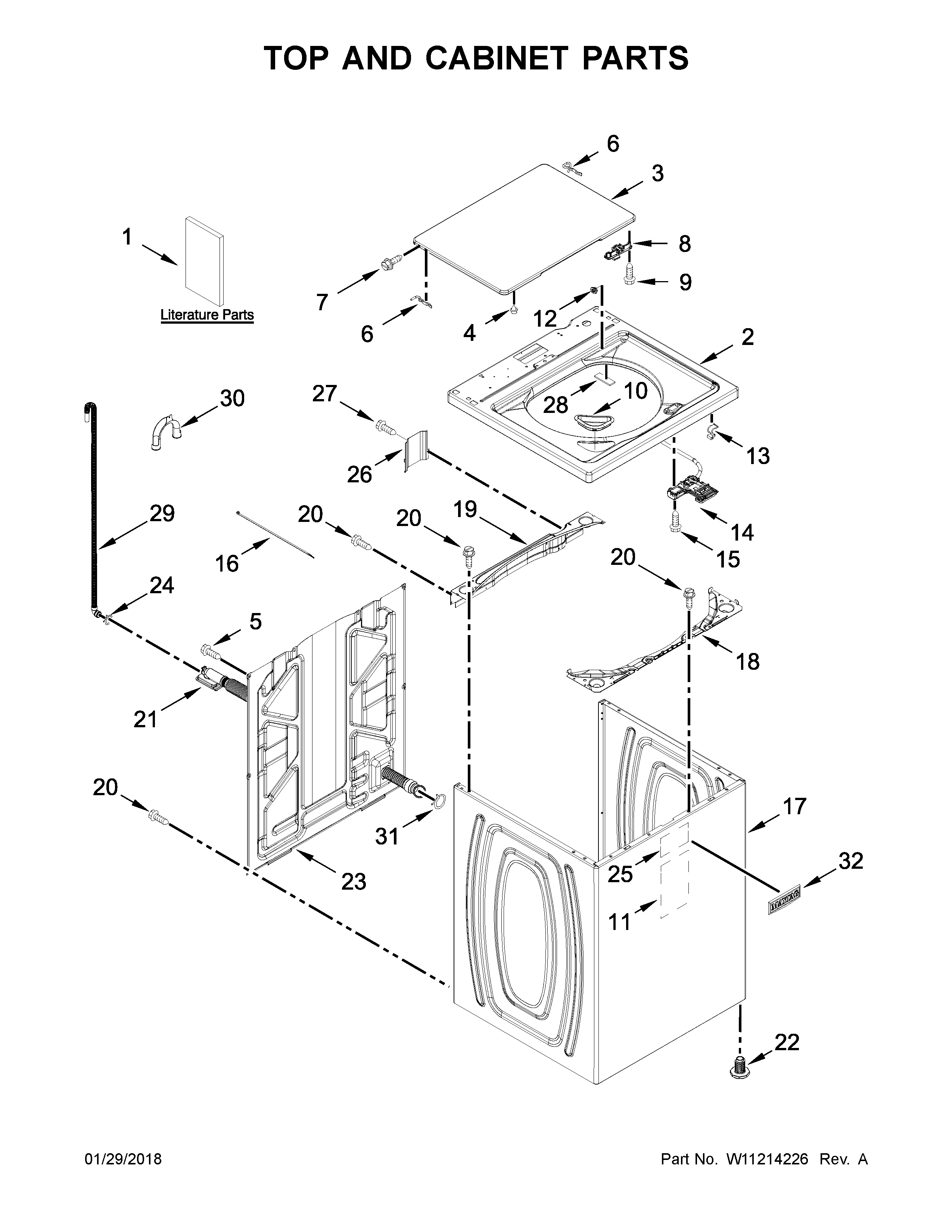 Maytag 7MMVWC565FW0 top and cabinet parts diagram