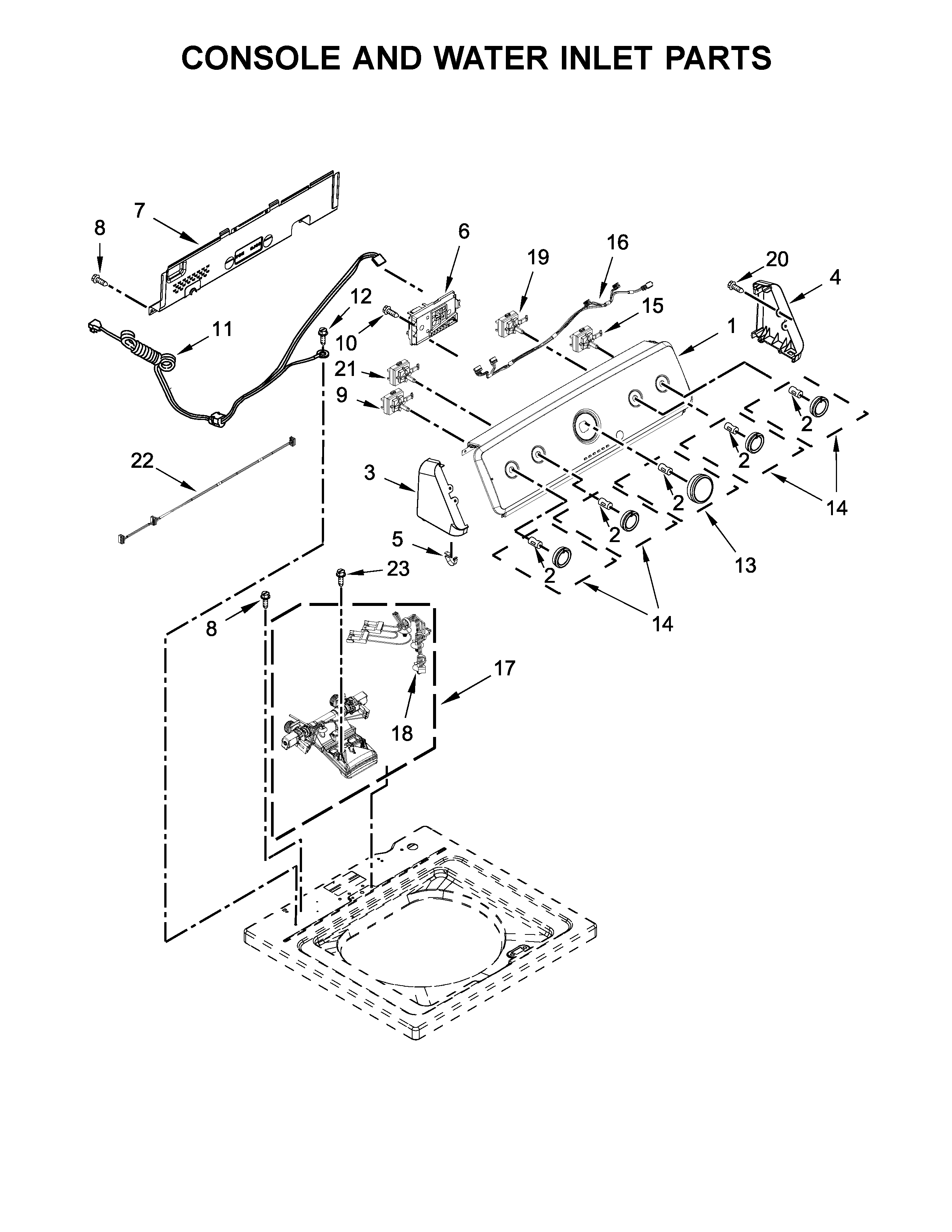 Maytag 7MMVWC565FW0 console and water inlet parts diagram