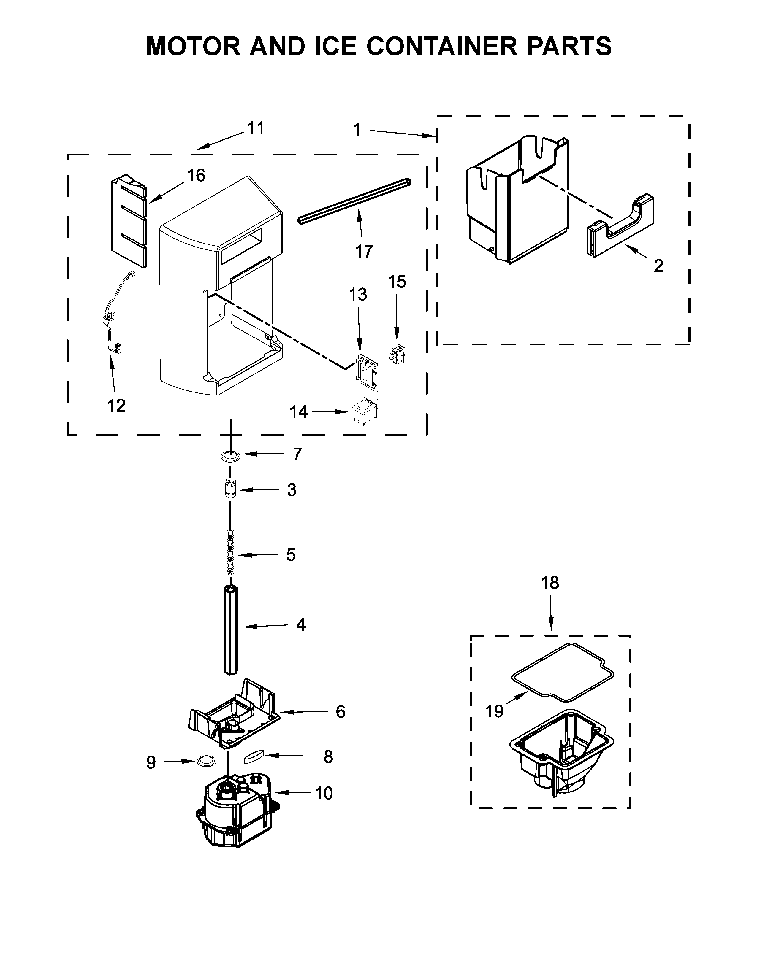 Whirlpool WRS970CIDE00 motor and ice container parts diagram
