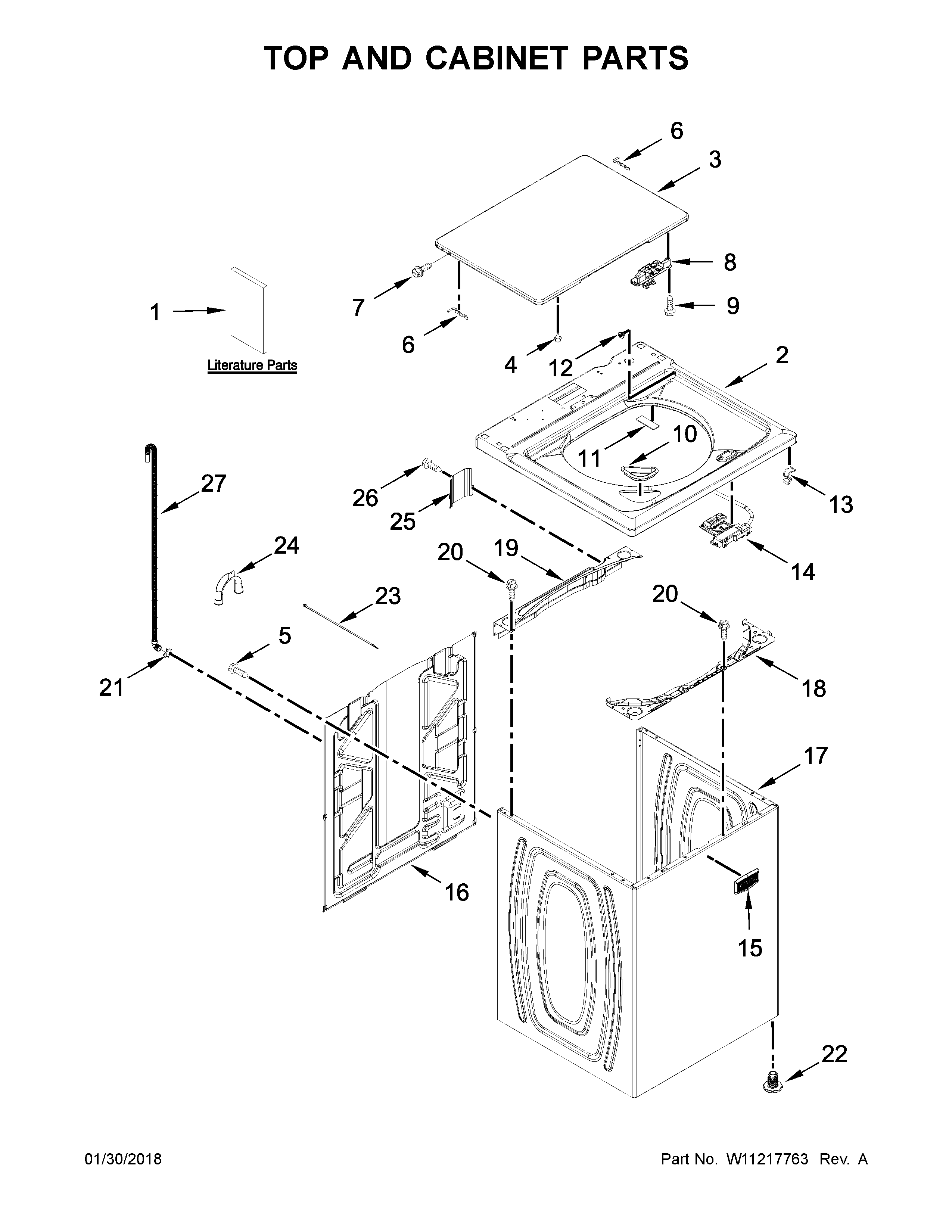 Maytag MVWC465HW0 top and cabinet parts diagram