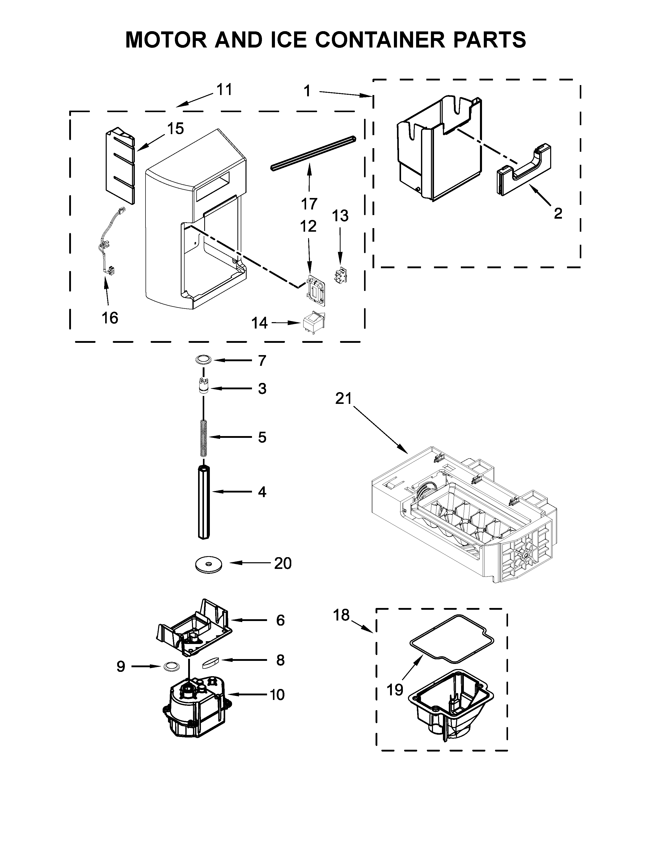 Whirlpool WRS571CIHW00 motor and ice container parts diagram